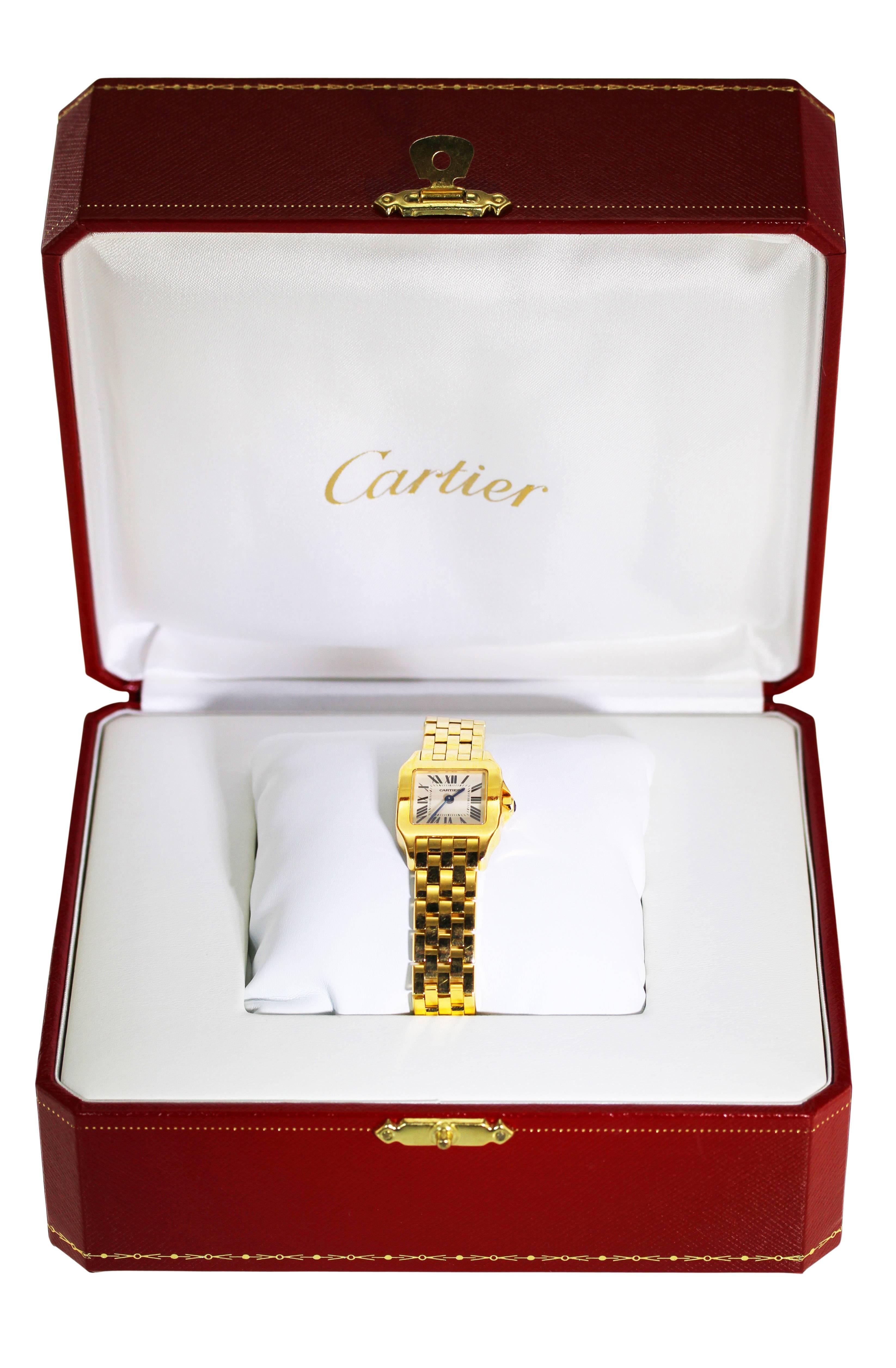 18 karat gold 'Santos Demoiselle' wrist watch by Cartier
• Signed Cartier, caseback numbered 826 LX 2699
• Accompanied by Saks Fifth Avenue Insurance Appraisal
• Square dial with Roman numerals and blue steeled 
• Quartz movement
• Length 5 3/4