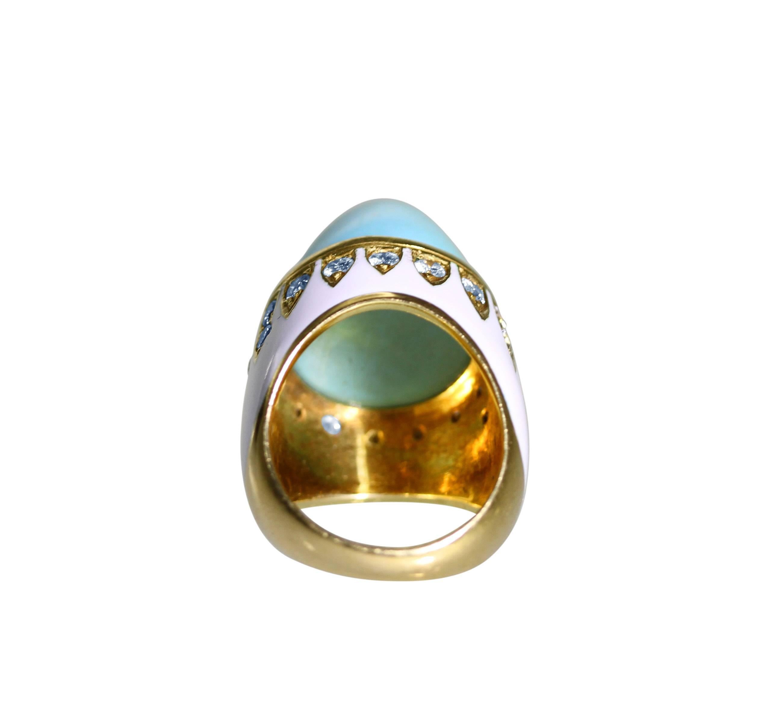 Women's or Men's 1970s Enamel Turquoise Diamond Gold Ring