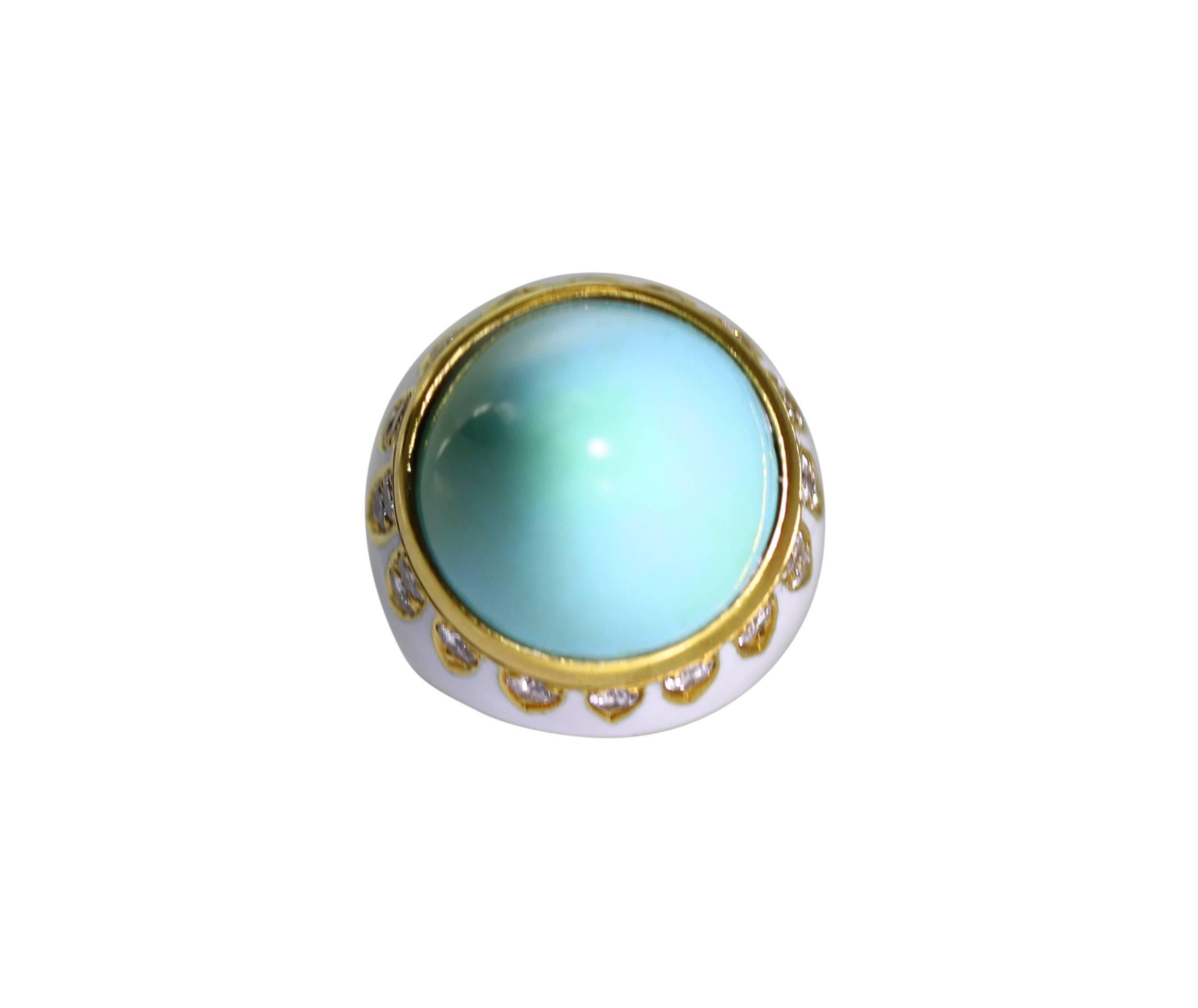 An 18 karat gold, turquoise, diamond and enamel ring, set in the center with an elongated cabochon turquoise segment measuring 17.65 by 16.0 mm., accented by 24 round diamonds weighing approximately 1.20 carats,  applied with white enamel, measuring