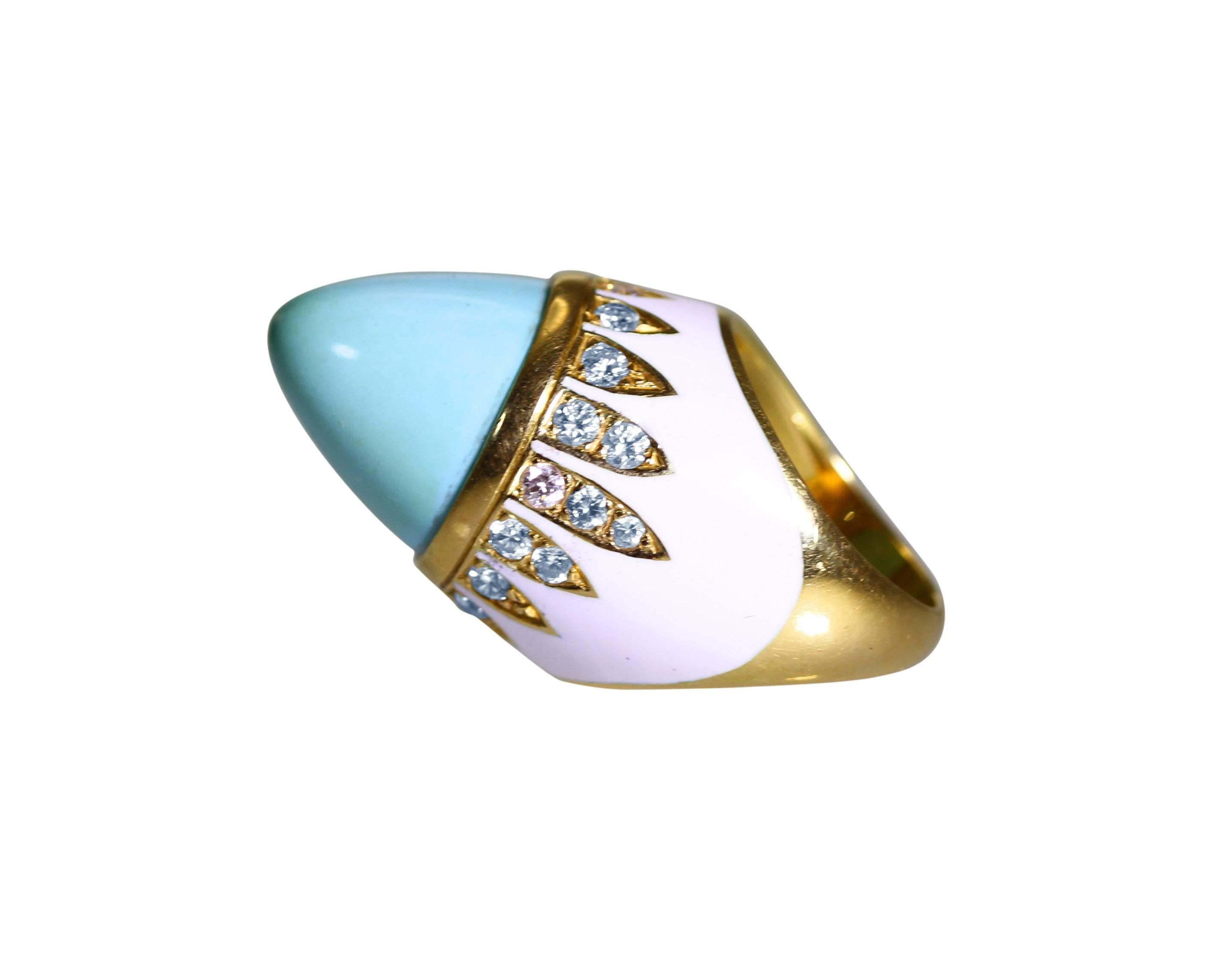 1970s Enamel Turquoise Diamond Gold Ring In Excellent Condition In Atlanta, GA