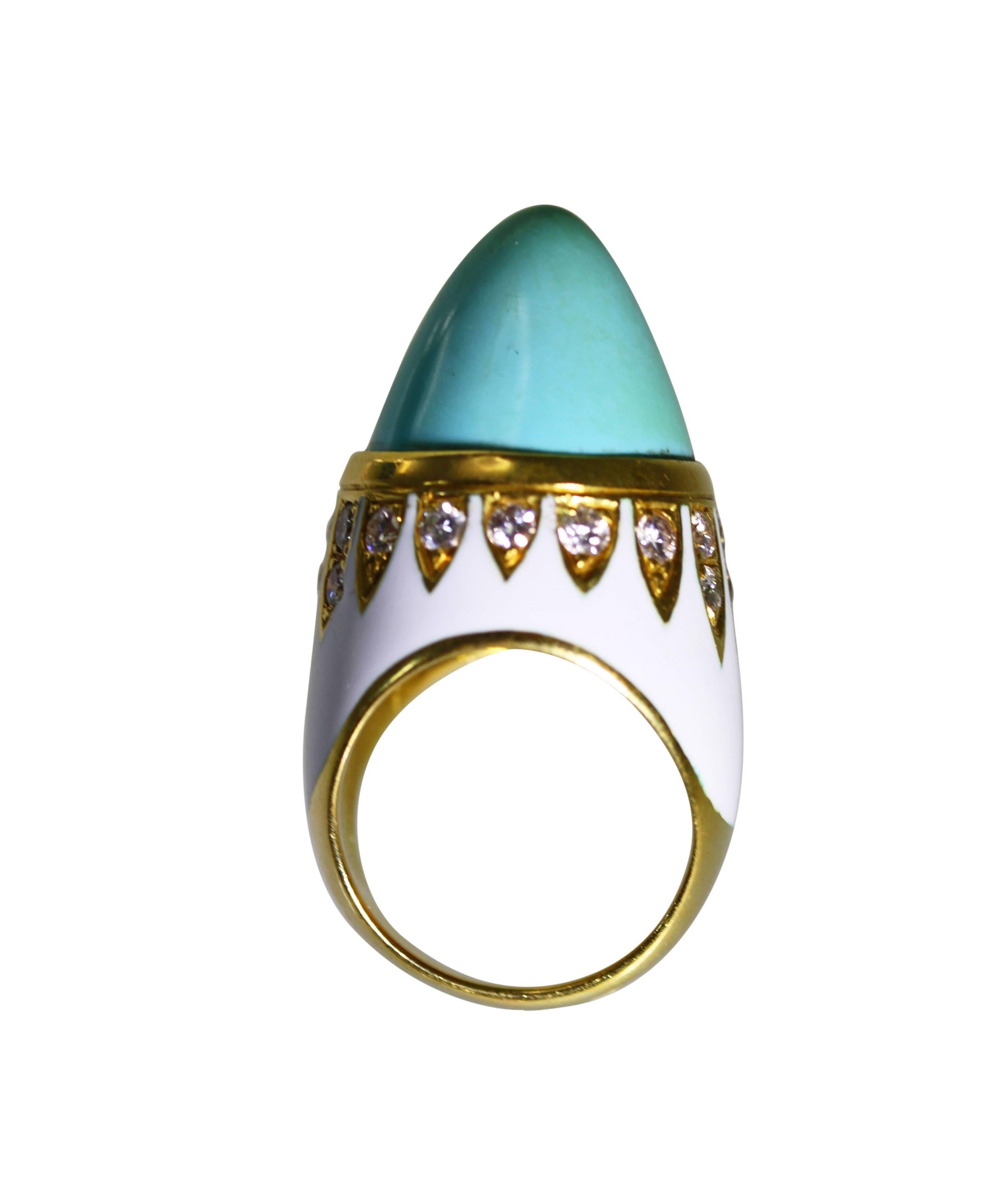 1970s Enamel Turquoise Diamond Gold Ring 1