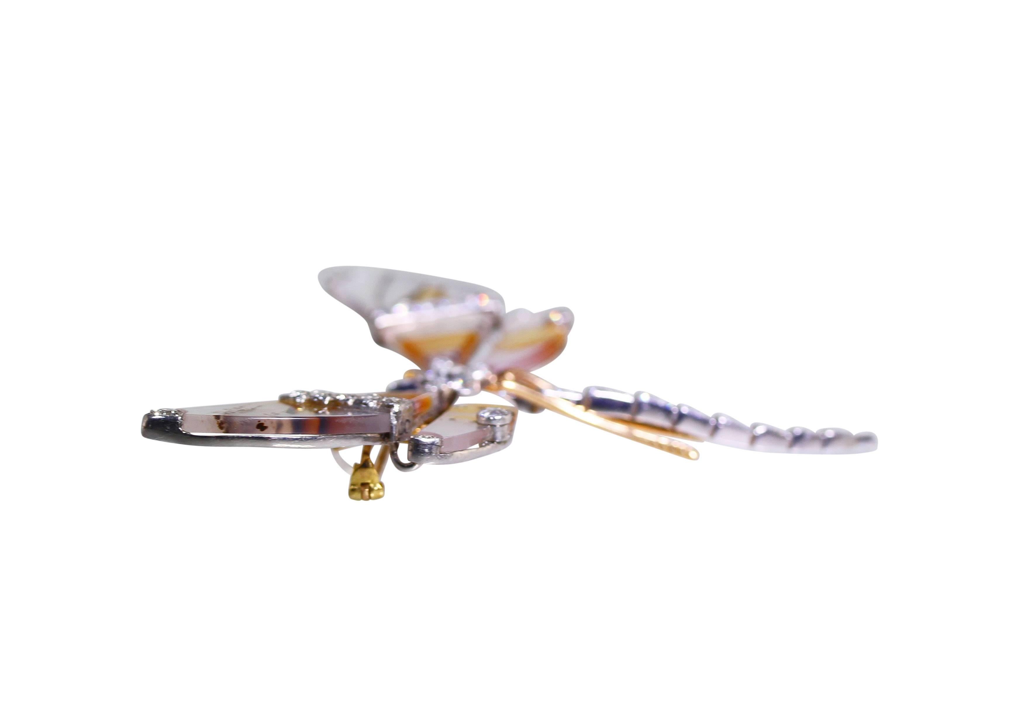 Women's or Men's Edwardian Agate Sapphire Diamond Gold Platinum Dragonfly Brooch