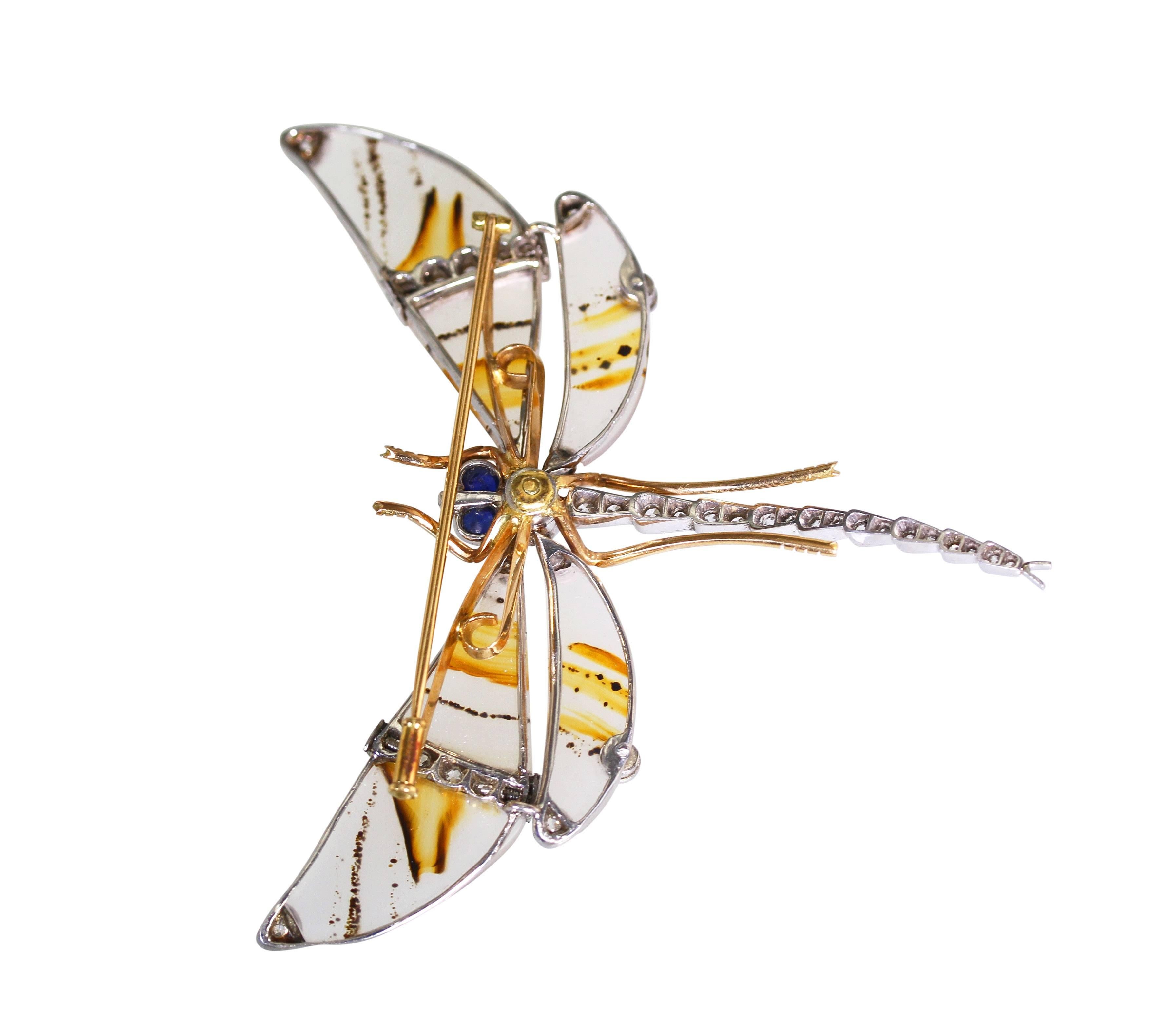 Edwardian Agate Sapphire Diamond Gold Platinum Dragonfly Brooch In Good Condition In Atlanta, GA