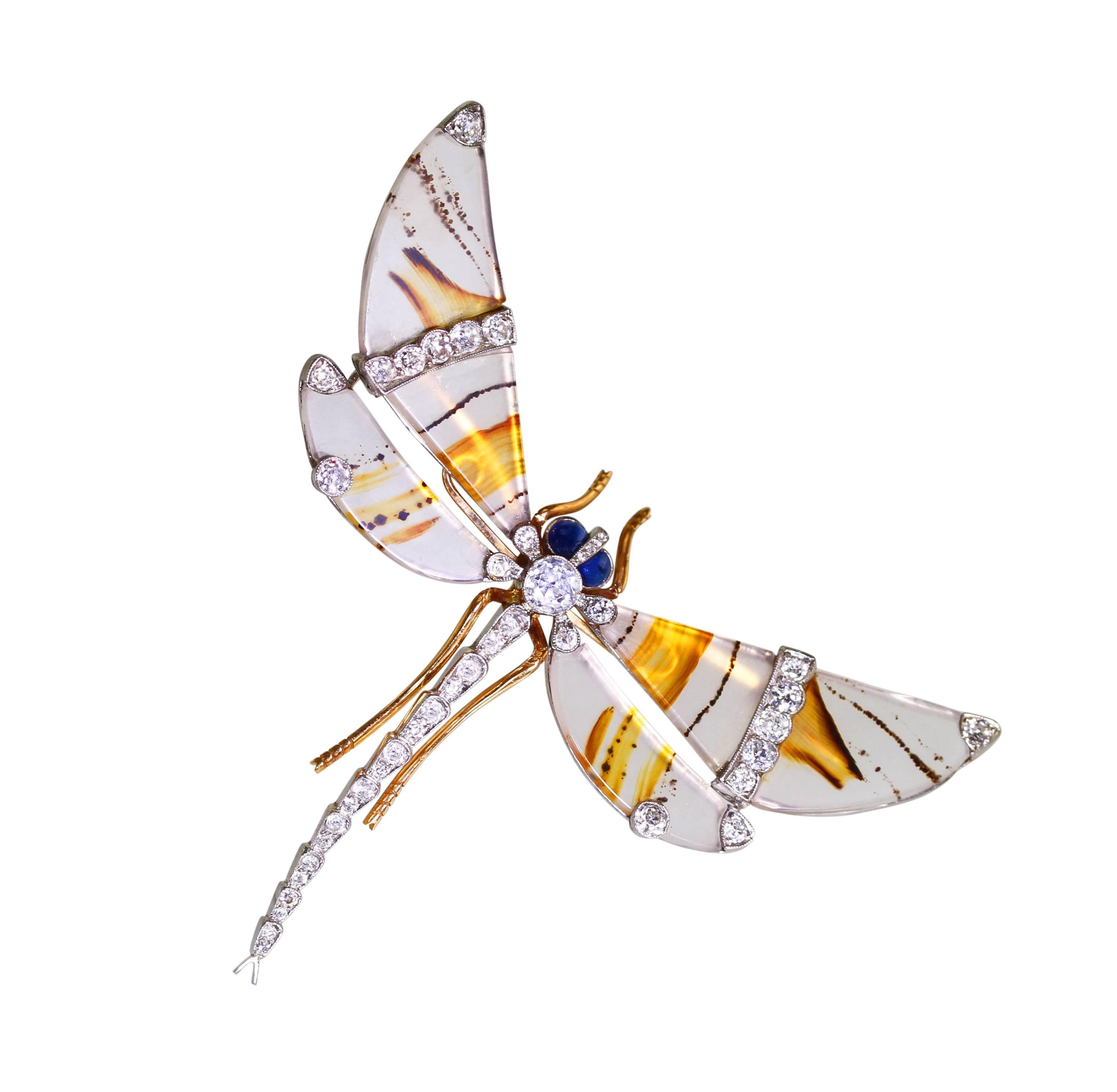 Edwardian Agate Sapphire Diamond Gold Platinum Dragonfly Brooch