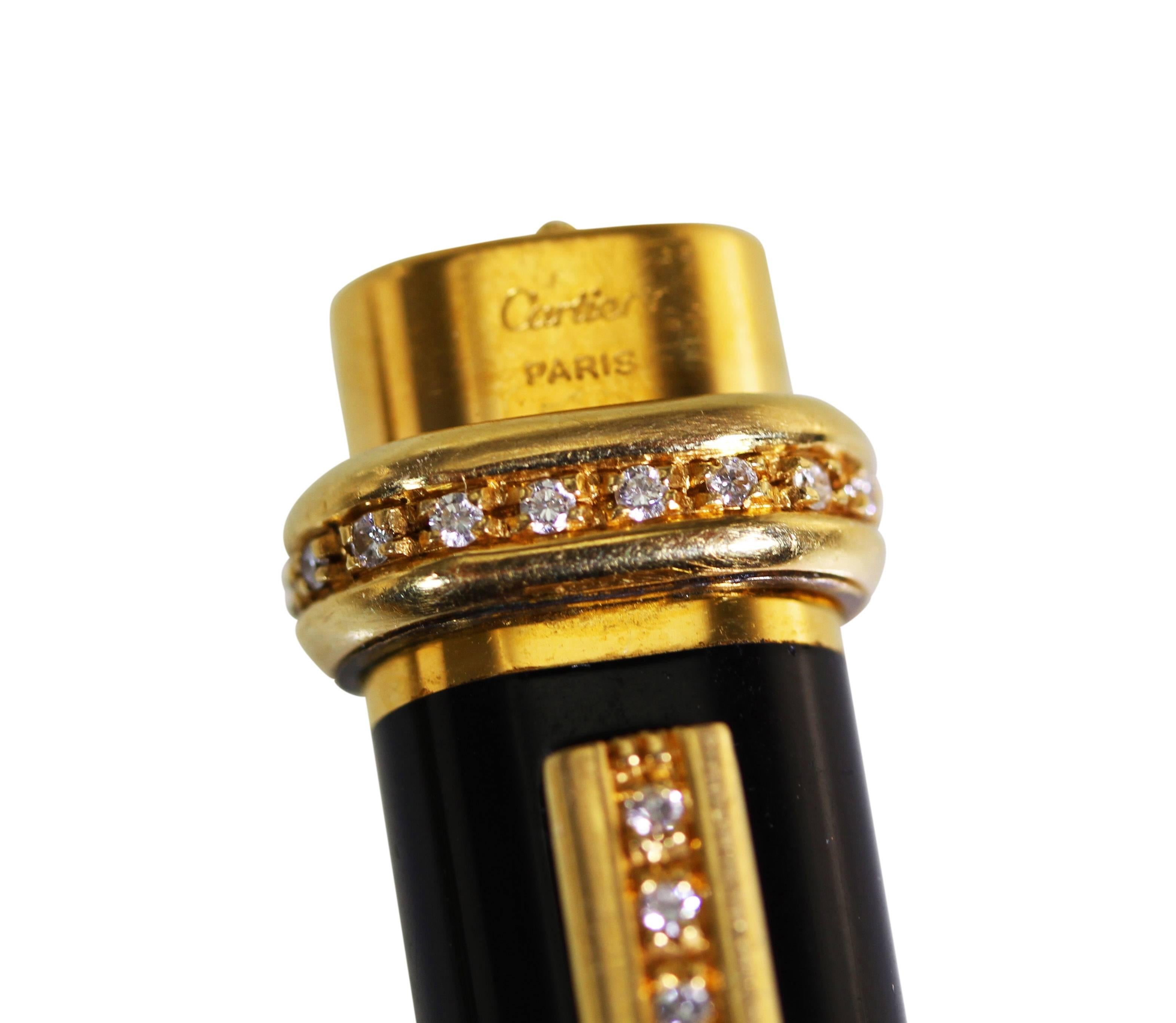 Cartier Black Lacquer Diamond Gilt Silver Lighter and Pen In Excellent Condition In Atlanta, GA