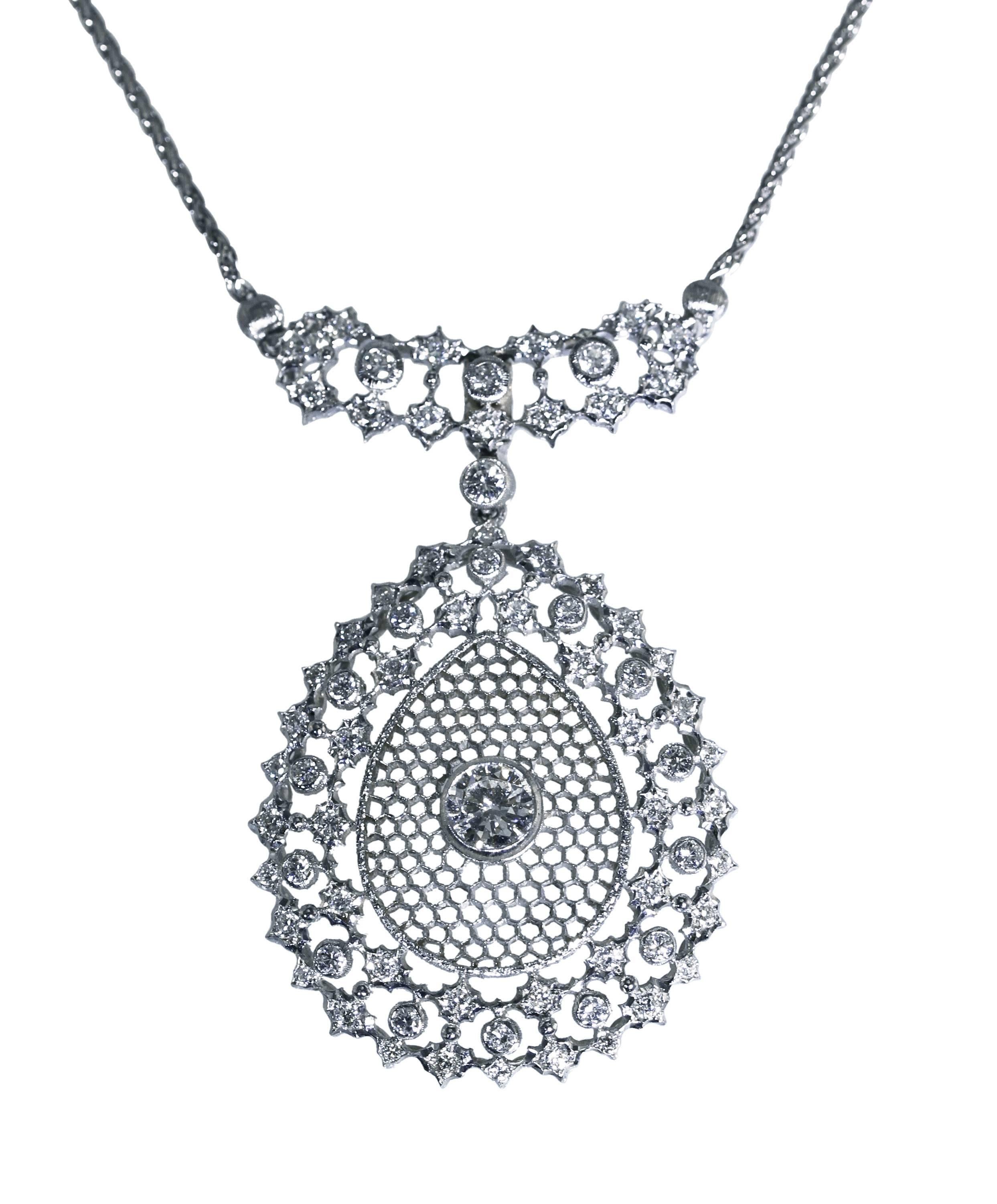 18 Karat White Gold and Diamond Pendant Necklace by Buccellati, Italy
• Signed M. Buccellati Italy
• Buccellati appraisal for $55,000 dated 10/09/2017
• 74 round diamonds weighing approximately 1.90 carats
• Length 16 1/2 inches, pendant measuring 1