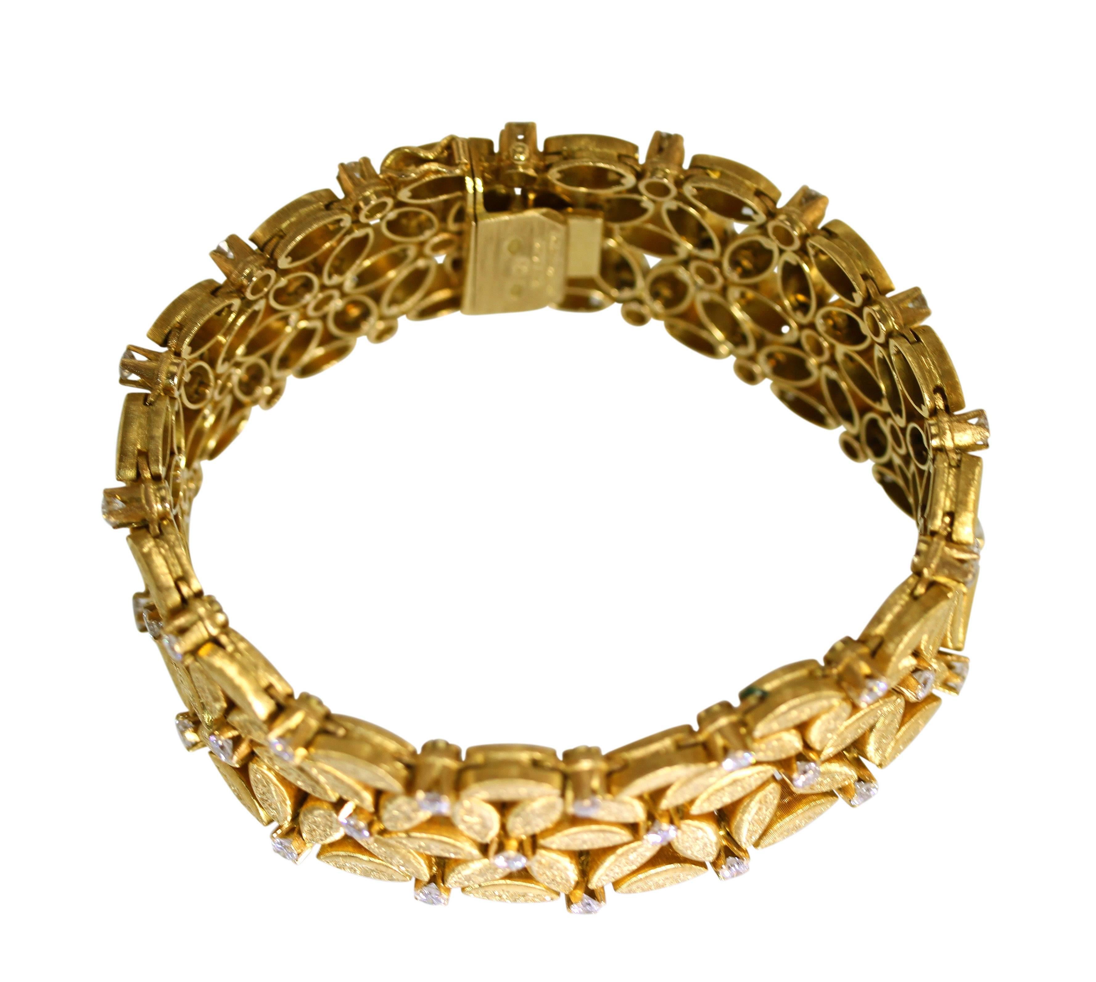 This bracelets lays beautifully on the wrist. An 18 karat gold and diamond link bracelet by Buccellati, Italy, circa 1960, of floral lattice design composed of a series of texture gold petal links connected by 48 bezel-set diamonds weighing