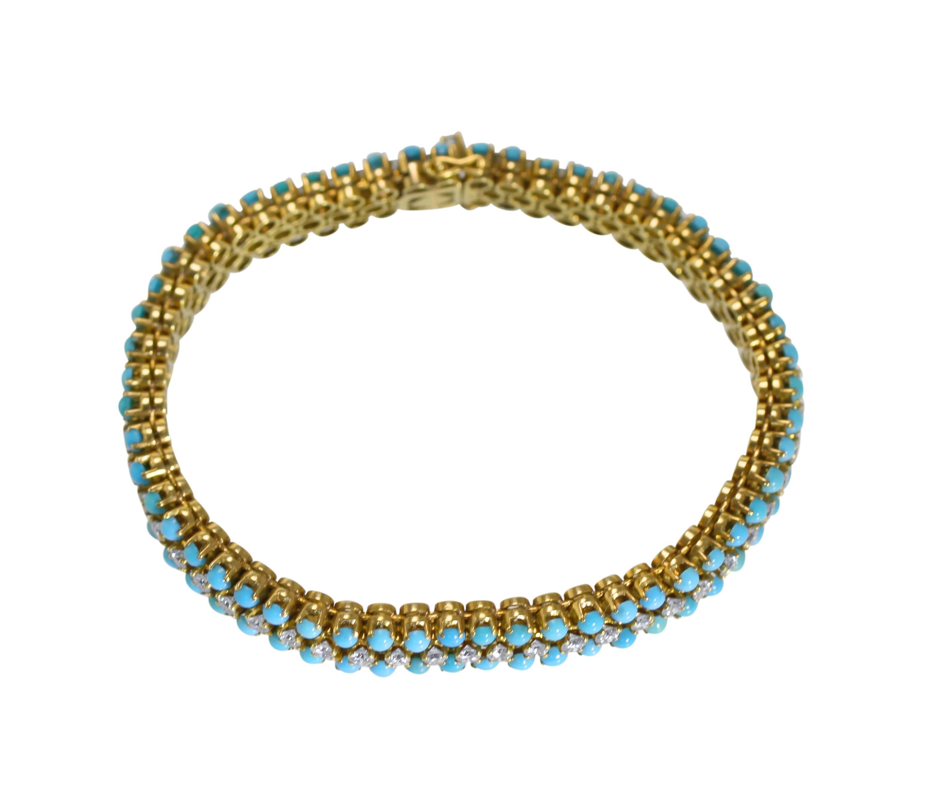 An 18 karat yellow gold, turquoise and diamond bracelet by Bulgari, Italy, circa 1970, designed as a straightline set with a row of 55 round diamonds weighing approximately 3.85 carats, flanked by two rows of 110 round cabochon turquoise measuring