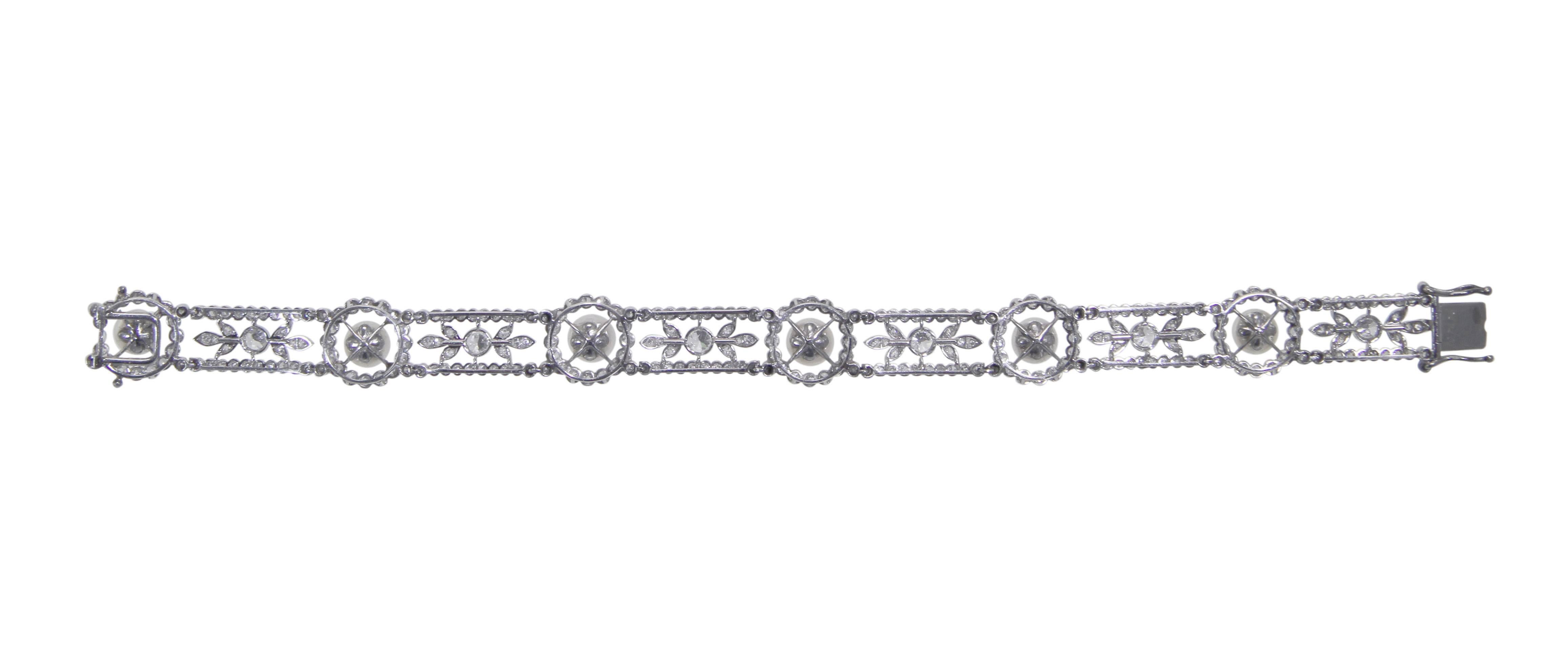 Belle Epoque GIA Cert Natural Pearl Diamond Platinum Bracelet In Excellent Condition In Atlanta, GA