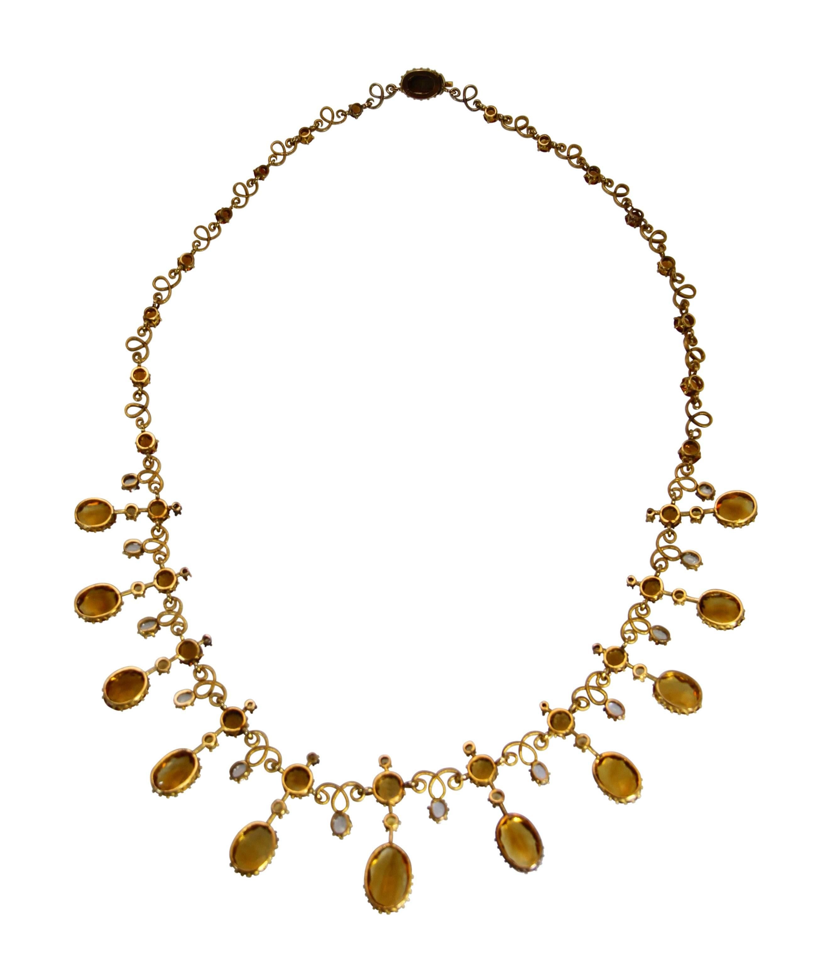 Antique Citrine White Sapphire Seed Pearl Gold Necklace In Excellent Condition In Atlanta, GA