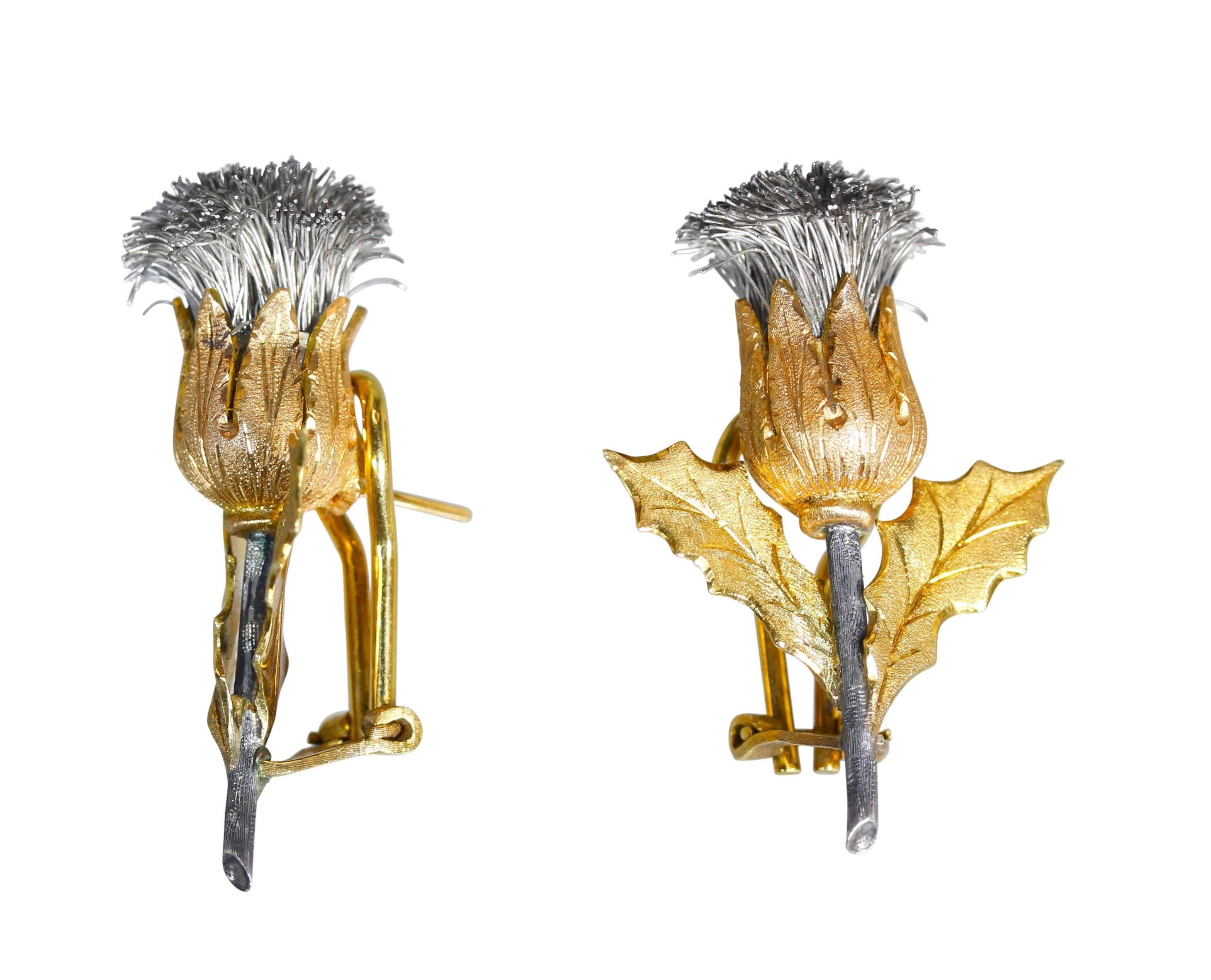 A pair of 18 karat gold and silver 'Thistle' earclips by Buccellati, Italy, designed as textured gold thistles of silver and yellow gold, measuring 1 3/8 by 1 inches, gross weight 15.8 grams, signed Gianmaria Buccellati, Italy, with indistinct