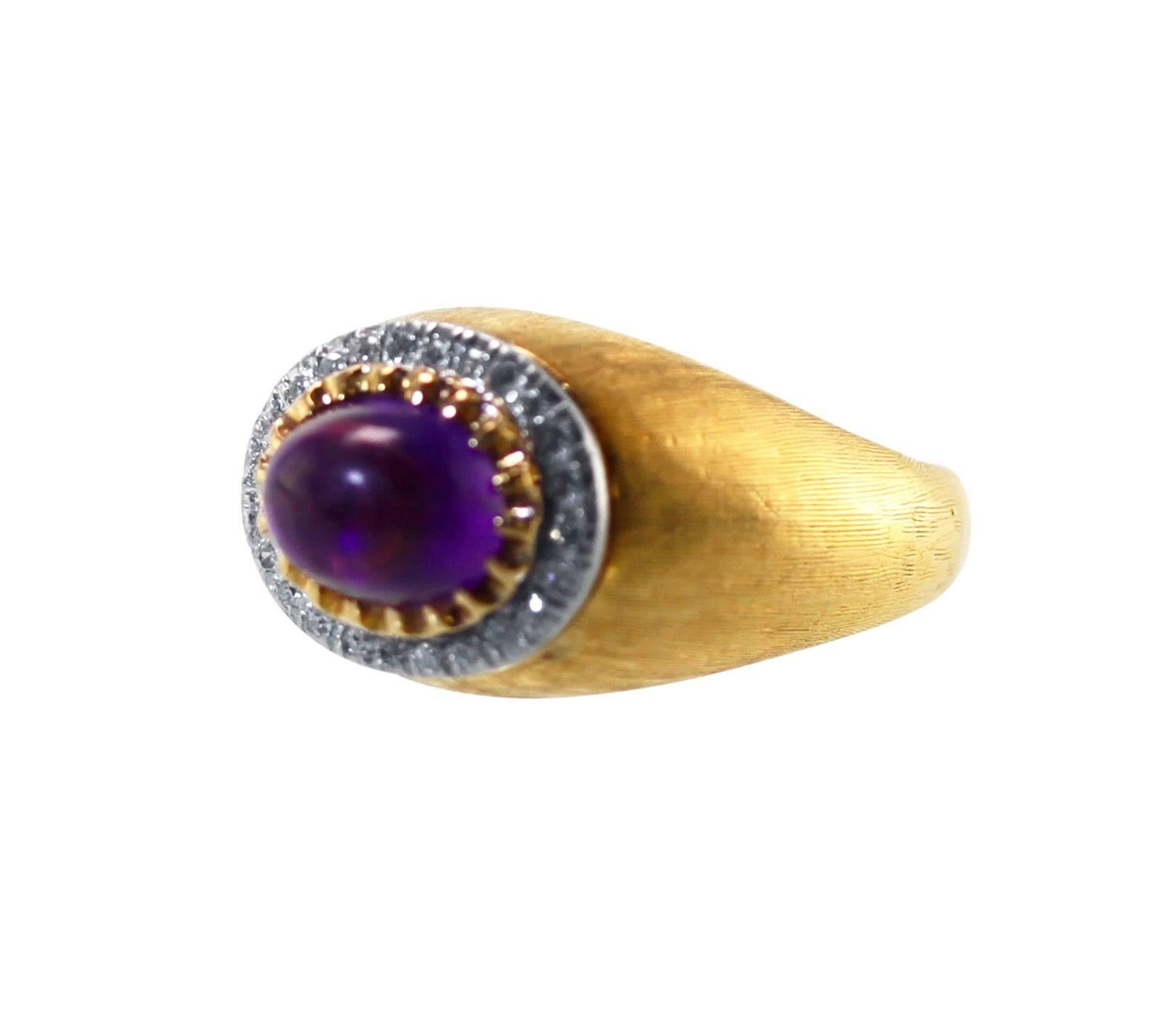 An 18 karat white and yellow gold, amethyst and diamond ring by Mario Buccellati, circa 1950, of bombe design set in the center with a cabochon amethyst weighing approximately 1.50 carats, accented by 24 single-cut diamonds weighing approximately