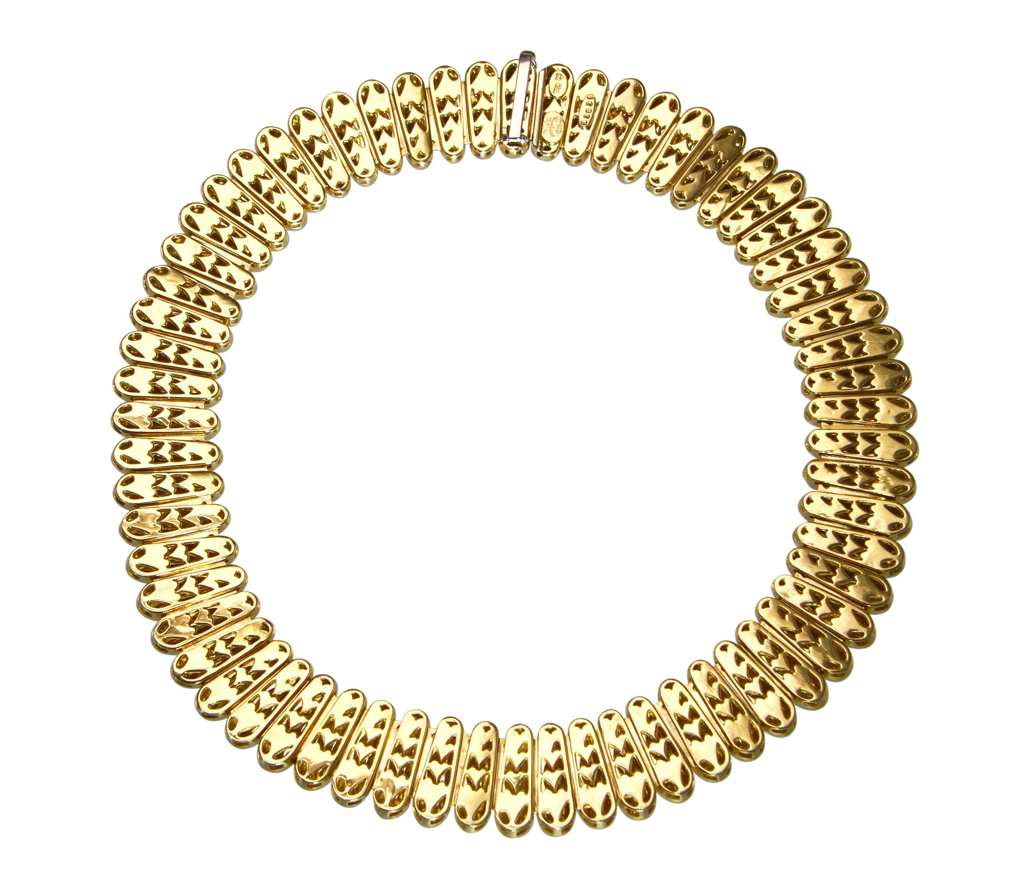 An 18 karat yellow gold necklace by Henry Dunay, comprised of 63 oblong hammered links, length 15 1/2 inches, width 3/4 inch, gross weight of 228.5 grams, signed Henry Dunay, stamped 18k 750, numbered B3831.