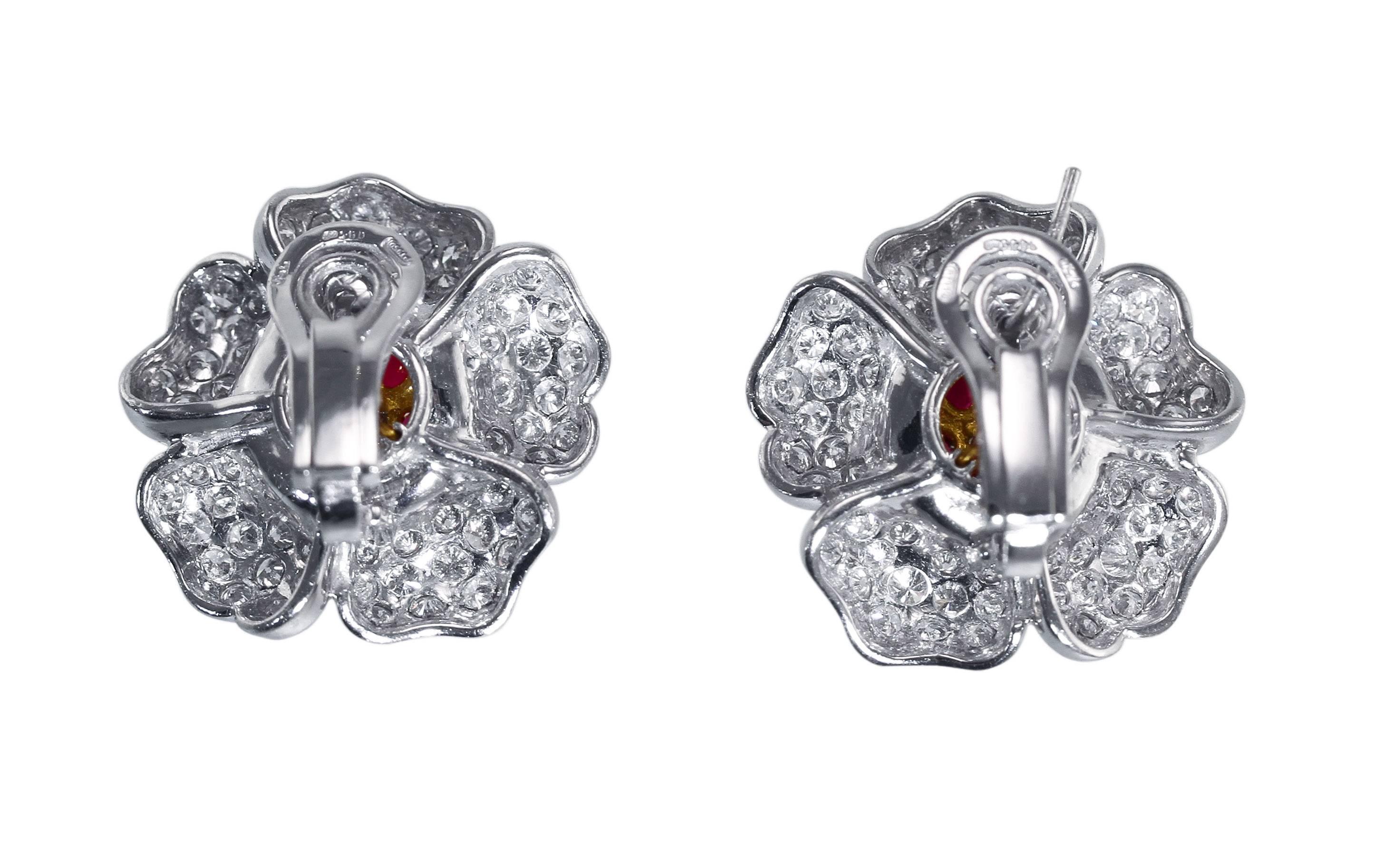 Ruby Diamond Platinum and Gold Flower Earclips In Excellent Condition In Atlanta, GA