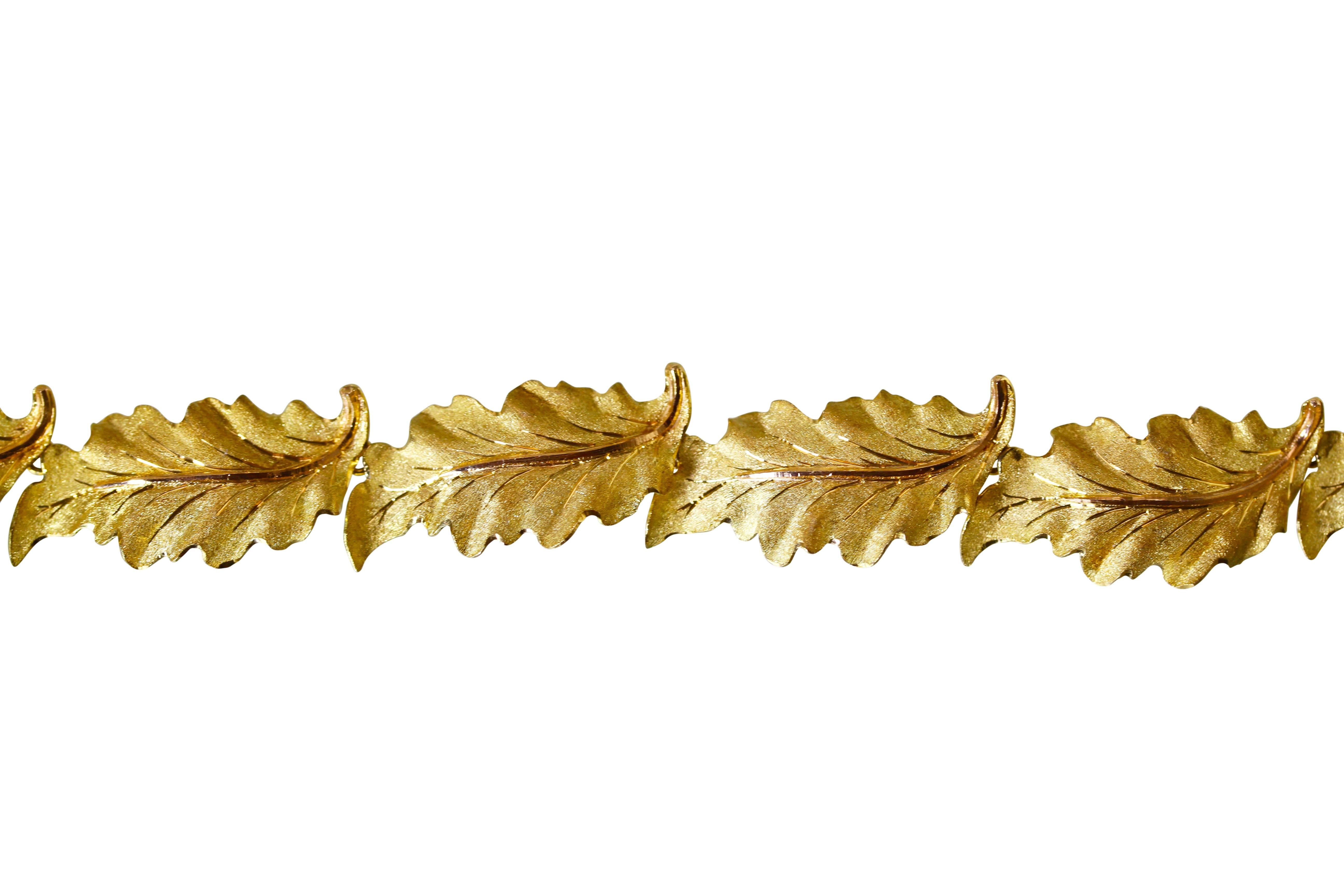 An 18 karat yellow gold necklace by Buccellati, Italy, designed as a series of textured gold leaves, length 15 inches, gross weight 41.6 grams, signed Buccellati, Italy, stamped 750 with Italian assay marks.