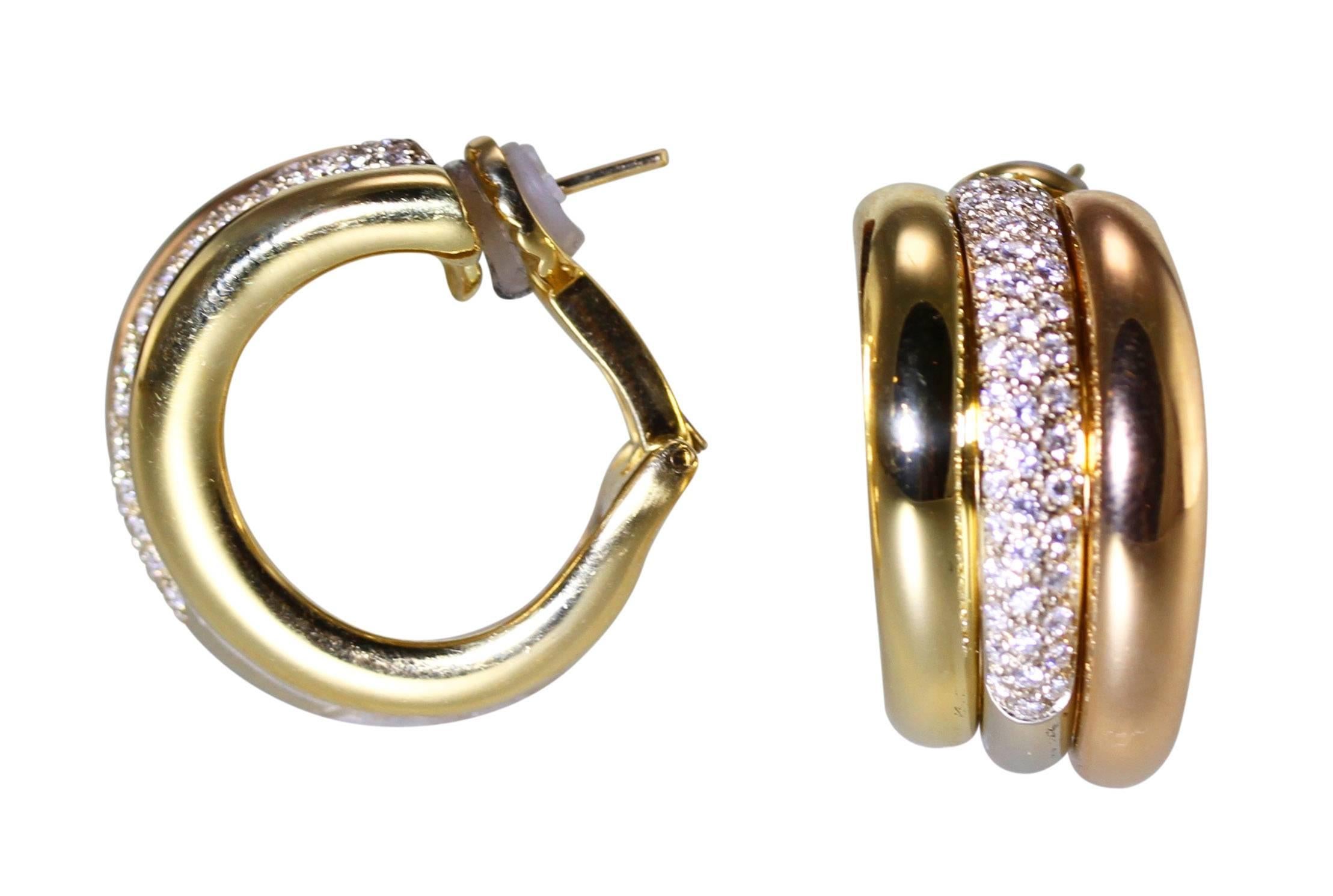 Cartier Diamond Tricolor Gold Hoop Earclips In Excellent Condition For Sale In Atlanta, GA