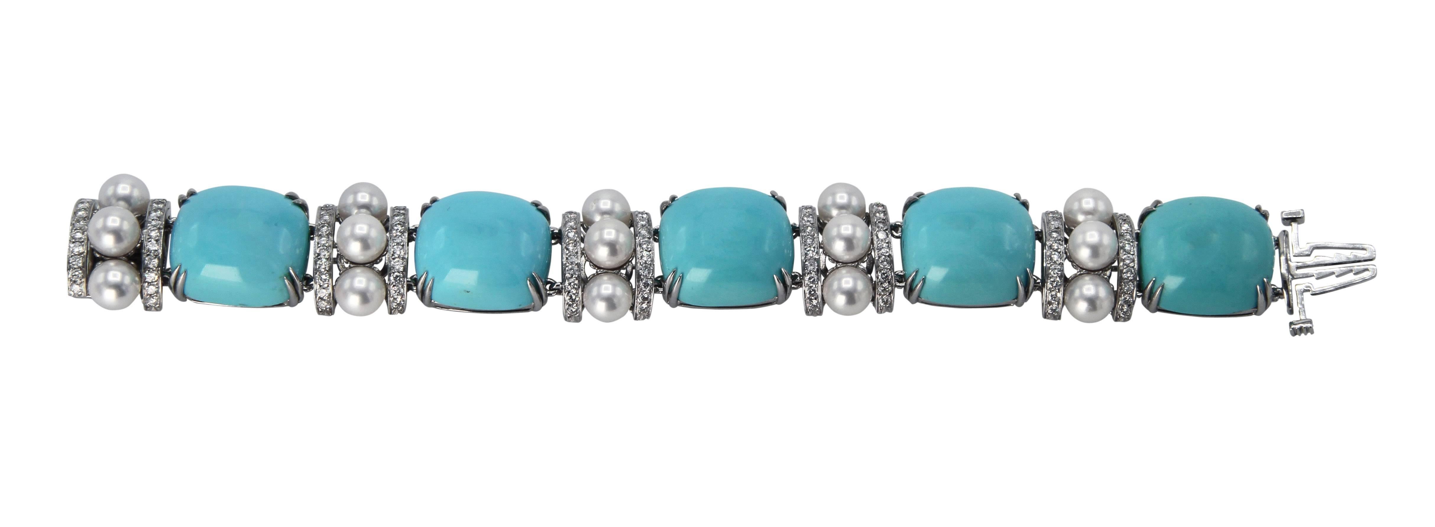 Seaman Schepps Turquoise Cultured Pearl Diamond Bracelet In Excellent Condition In Atlanta, GA