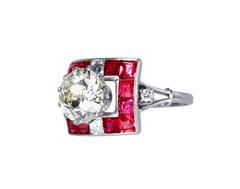 Art Deco 2.83 Carat Diamond and Natural Red Spinel Ring