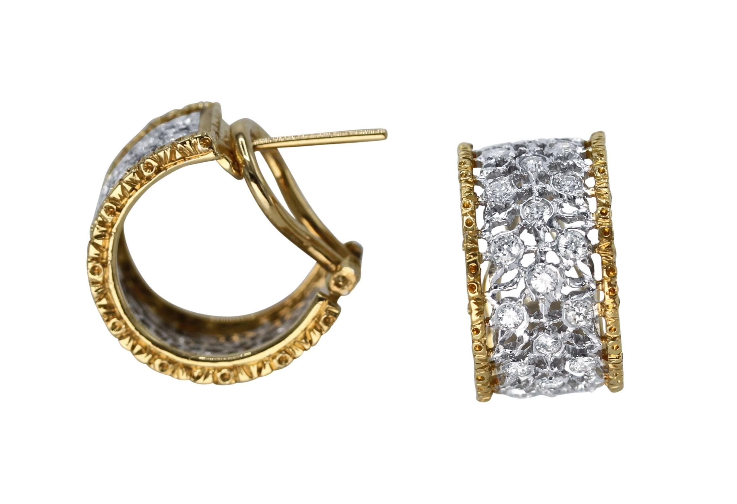 A pair of 18 karat two-tone gold and diamond hoop earclips by Buccellati, Italy, designed as half-hoops of openwork pattern set with 46 round diamonds weighing approximately 0.90 carat, gross weight 10.0 grams, measuring 5/8 by 3/8 inch, signed M.
