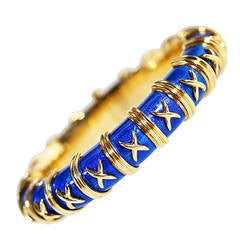 Tiffany & Co. Schlumberger Blue Paillonne Enamel Gold Croisillon Bangle Bracelet