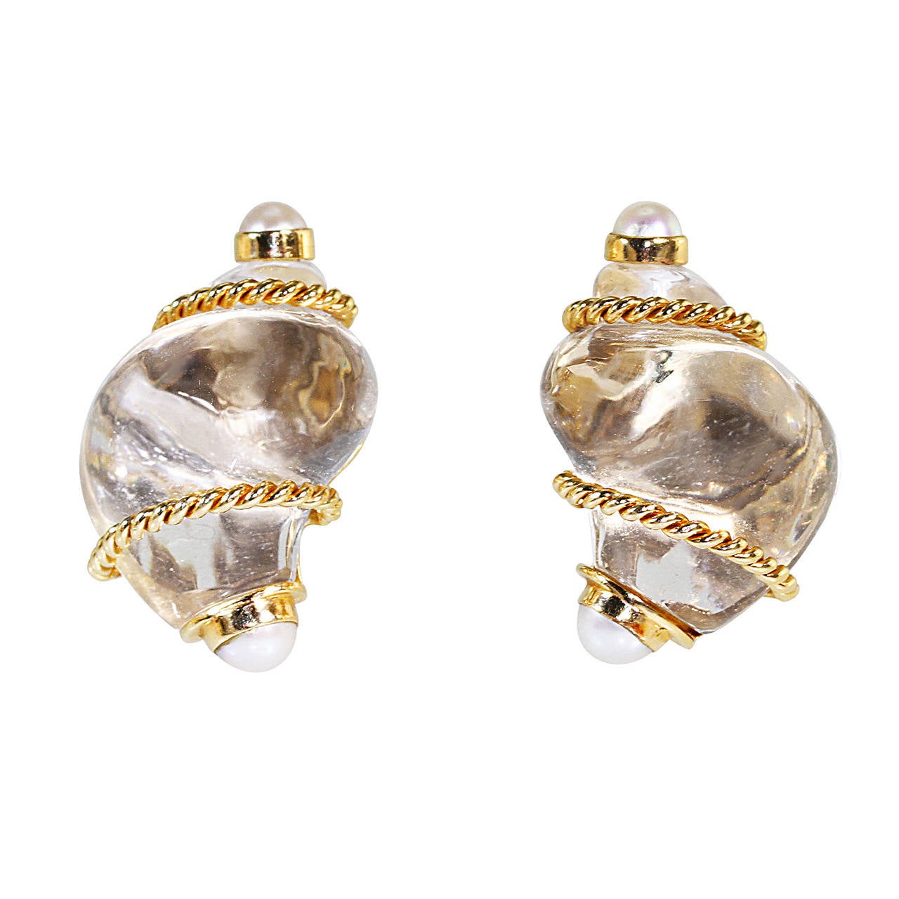 Seaman Schepps Rock Crystal Pearl Gold Shell Earclips at 1stDibs