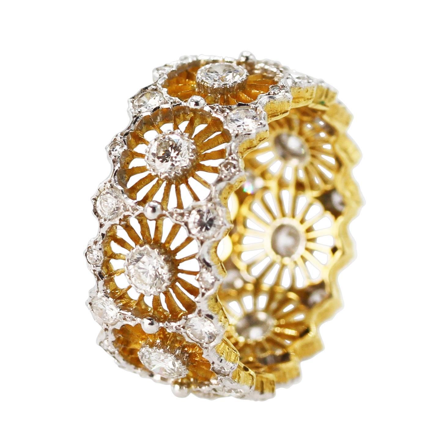 18 Karat Two-Tone Gold and Diamond Band Ring by Buccellati, Italy
• Signed Buccellati, Italy
• 45 round diamonds approximately 1.70 carats
• Size 7, gross weight 5.8 grams                                                        
