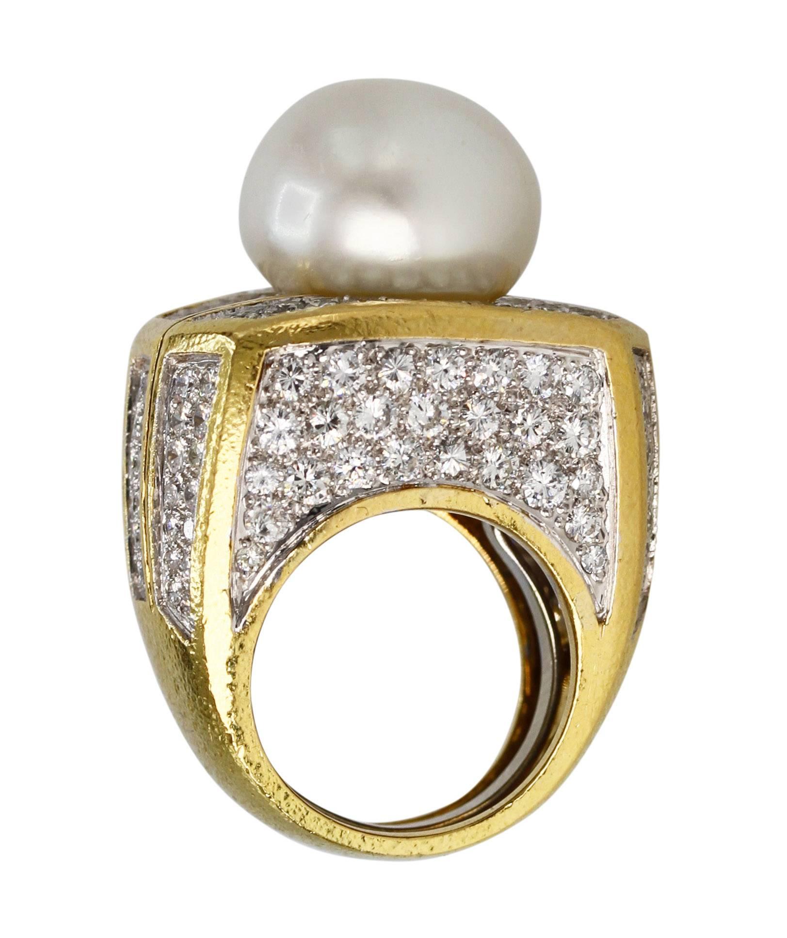 Women's or Men's David Webb Baroque Pearl and Diamond Cocktail Ring