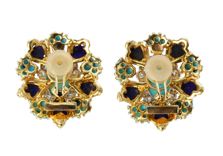 Cartier Turquoise, Lapis Lazuli and Diamond Earclips at 1stDibs