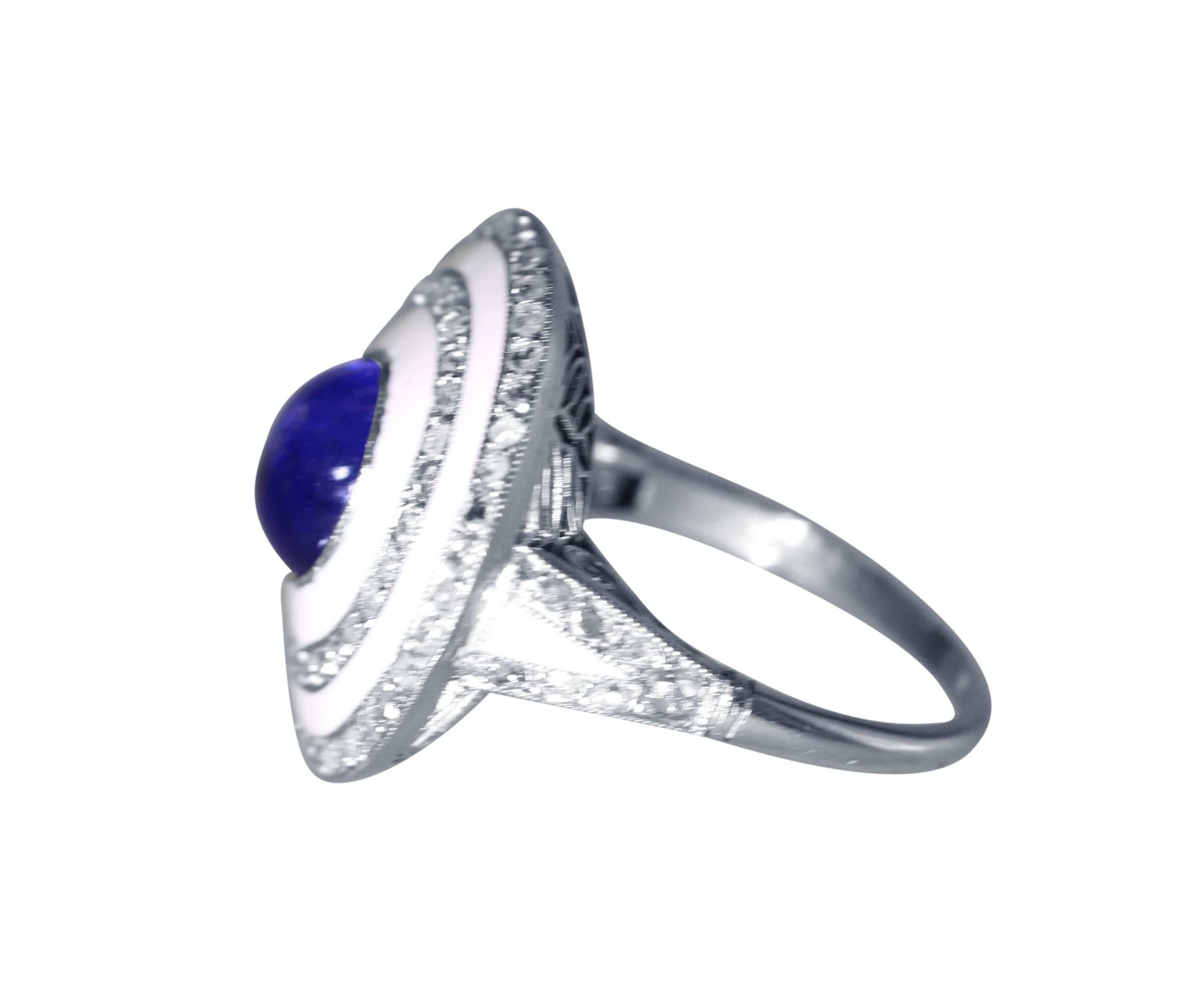 Edwardian Sapphire, White Enamel and Diamond Ring In Excellent Condition In Atlanta, GA