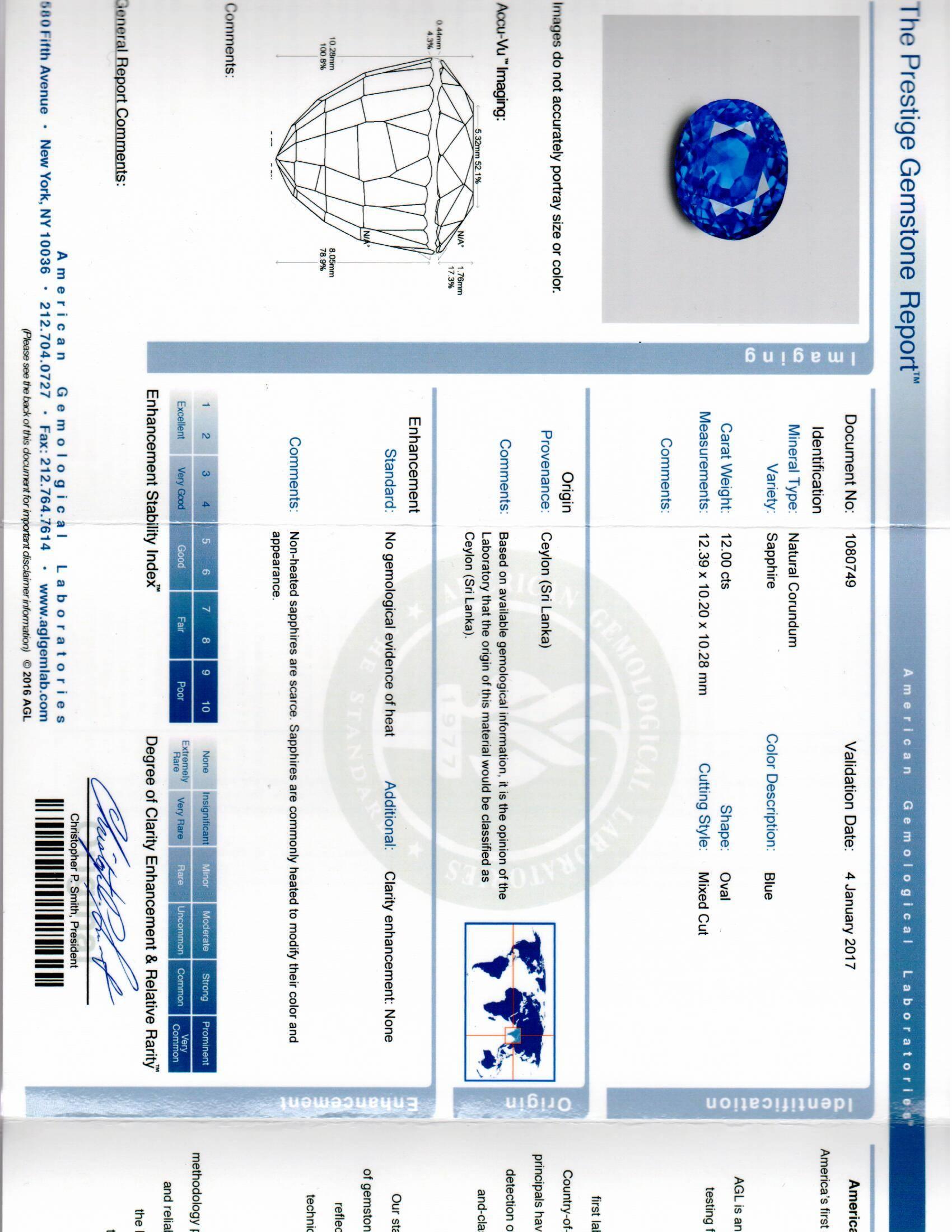AGL Certified 12.00 Carat Ceylon Unheated Sapphire and Diamond Ring 1