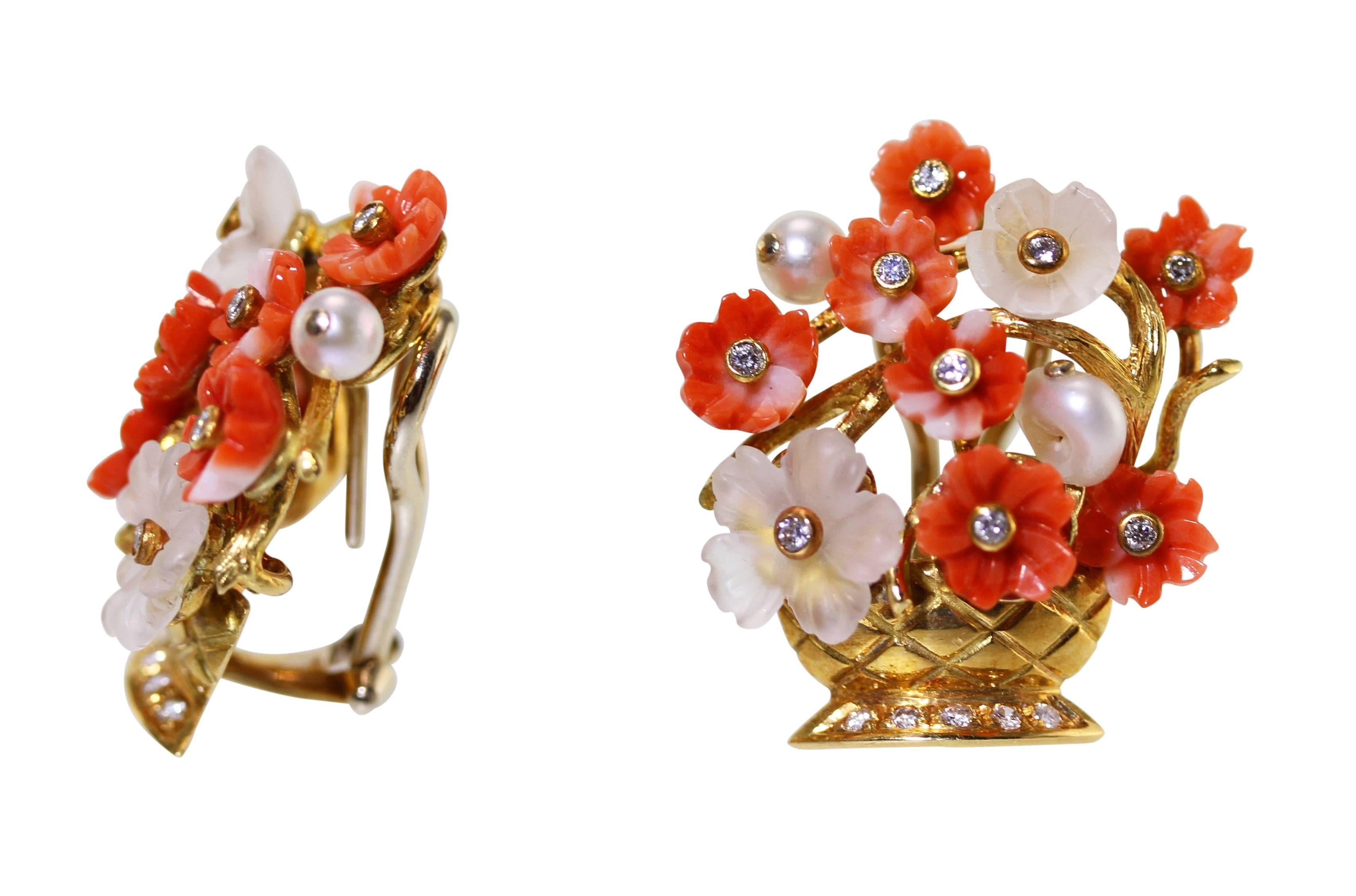 Pair of 18 Karat Gold, Coral, Quartz, Cultured Pearl and Diamond Flower Basket Earclips
• Stamped 750, with Italian assay marks and indistinct signature
• 14 petals of carved coral, 4 petals of carved frosted quartz, 4 beads of cultured pearls
• 18