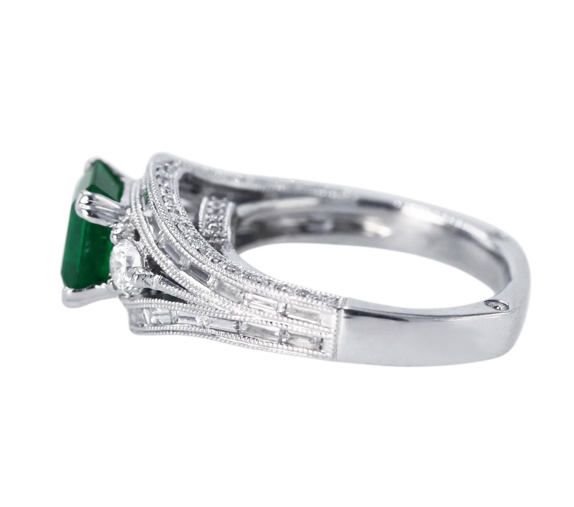 Emerald Cut 1.60 Carat Emerald and Diamond Ring For Sale