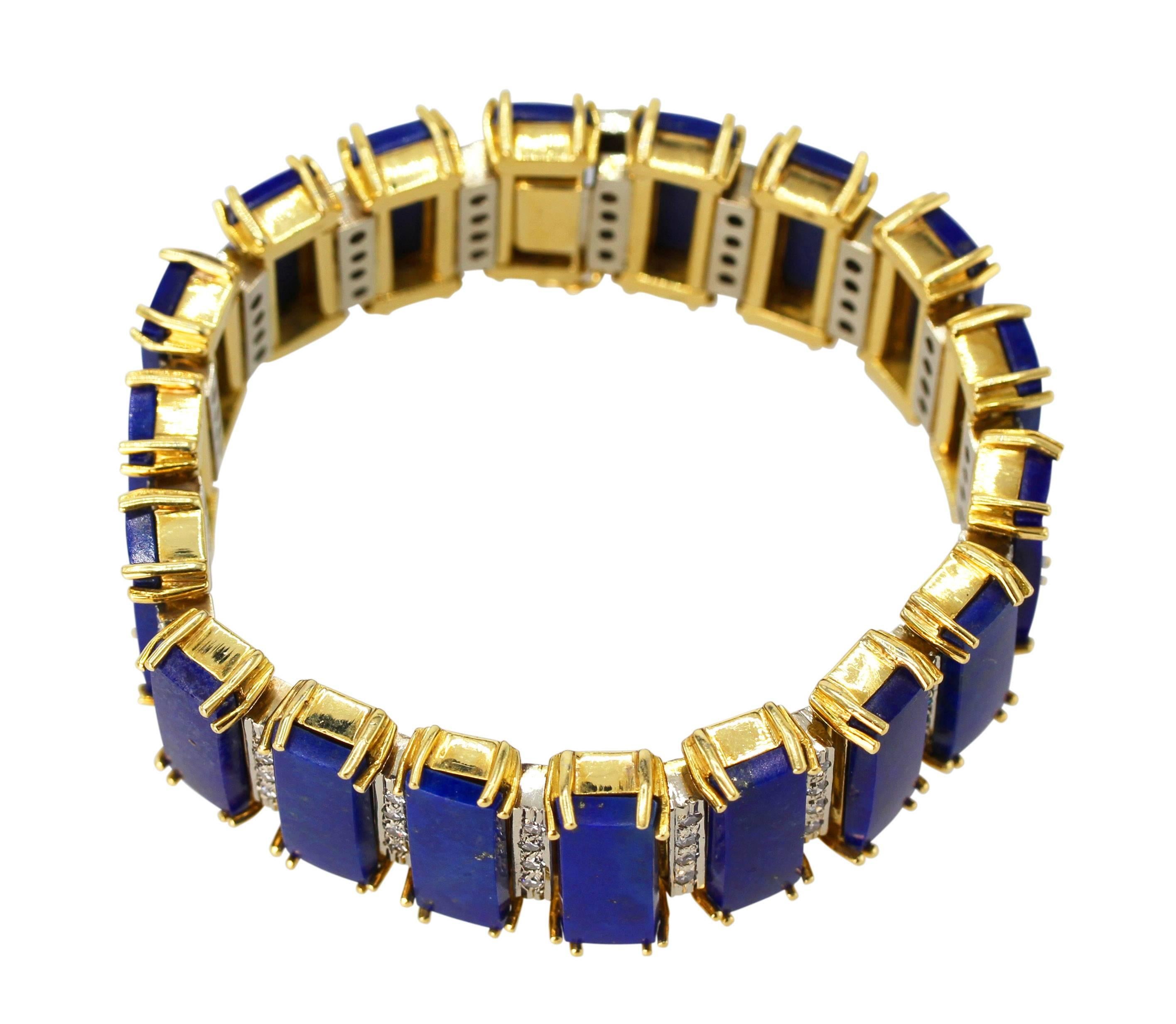 18 Karat Gold, Lapis Lazuli and Diamond Bracelet by Birks, Italy
• Signed Birks, Italy, K18
• 18 plaques of lapis lazuli
• 72 round single cut diamonds approximately 1.50 carats
• Length 6 3/4 inches, width 3/4 inch, gross weight 101.8 grams