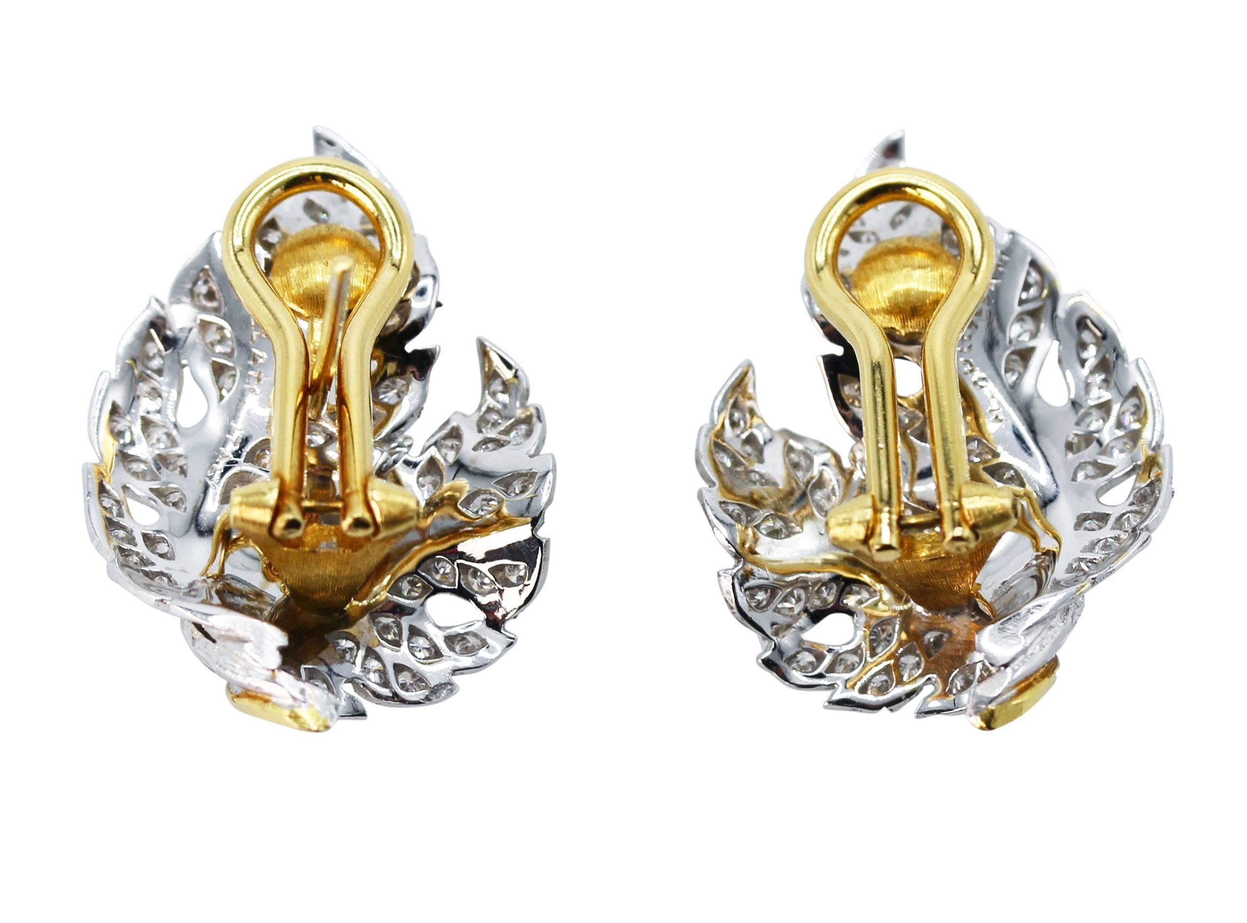 Round Cut Buccellati Diamond and Two-Tone Gold Leaf Earclips