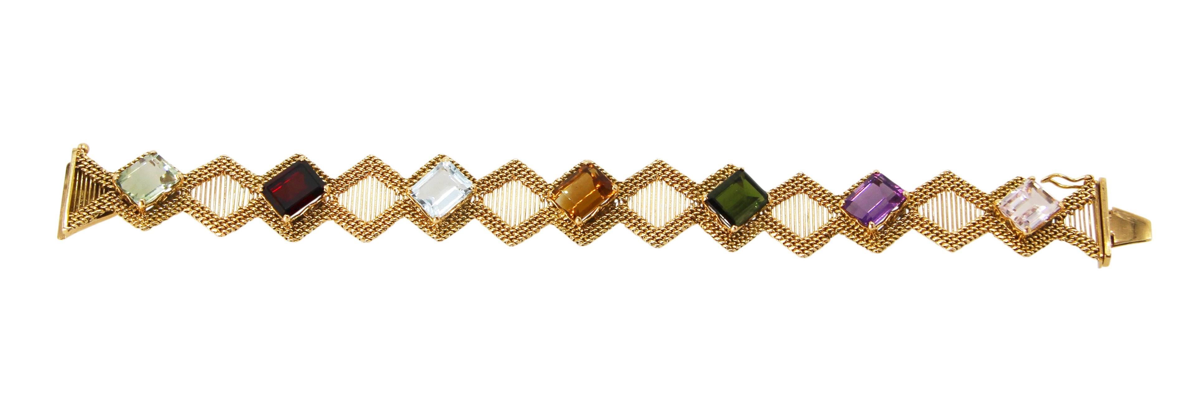 1960s Natural Multicolored Gemstone and Gold Bracelet In Excellent Condition In Atlanta, GA
