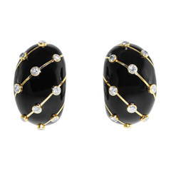 Tiffany & Co. Schlumberger Black Paillonne Enamel Diamond Gold Earclips