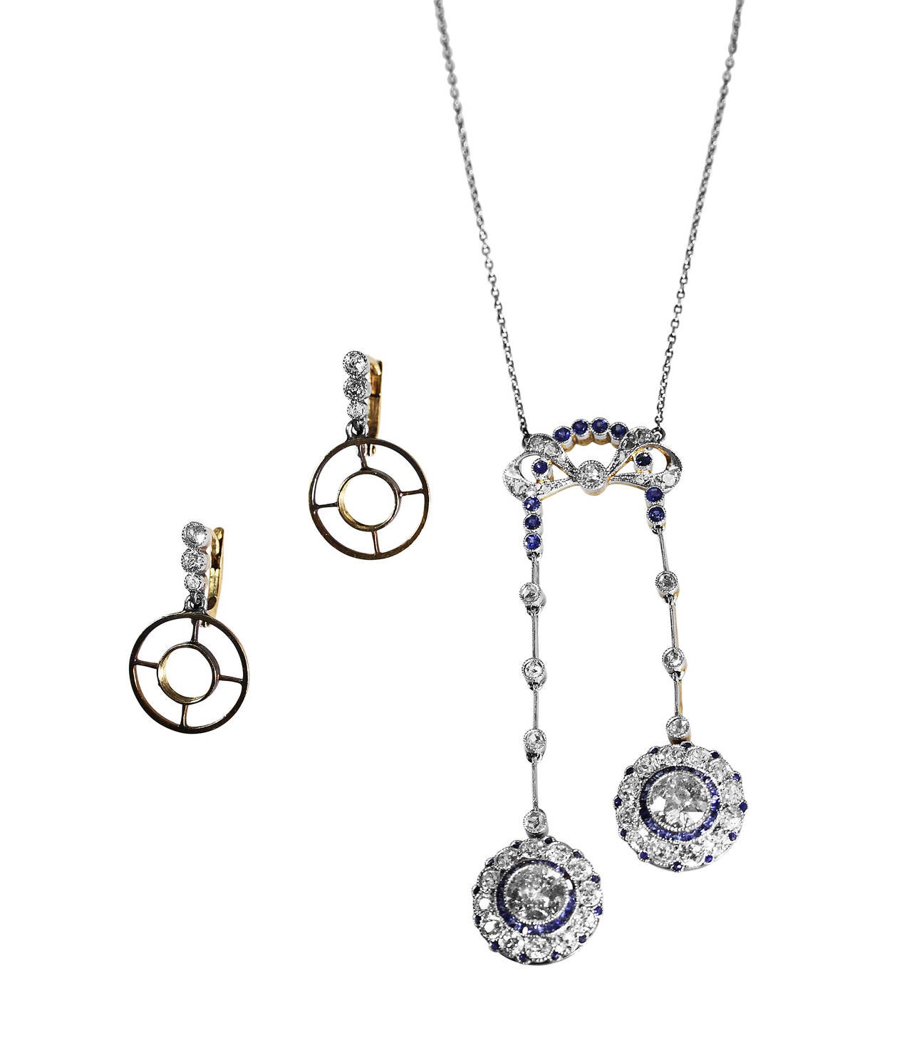 Edwardian Sapphire Diamond Gold Platinum Lavalière Pendant Necklace 1