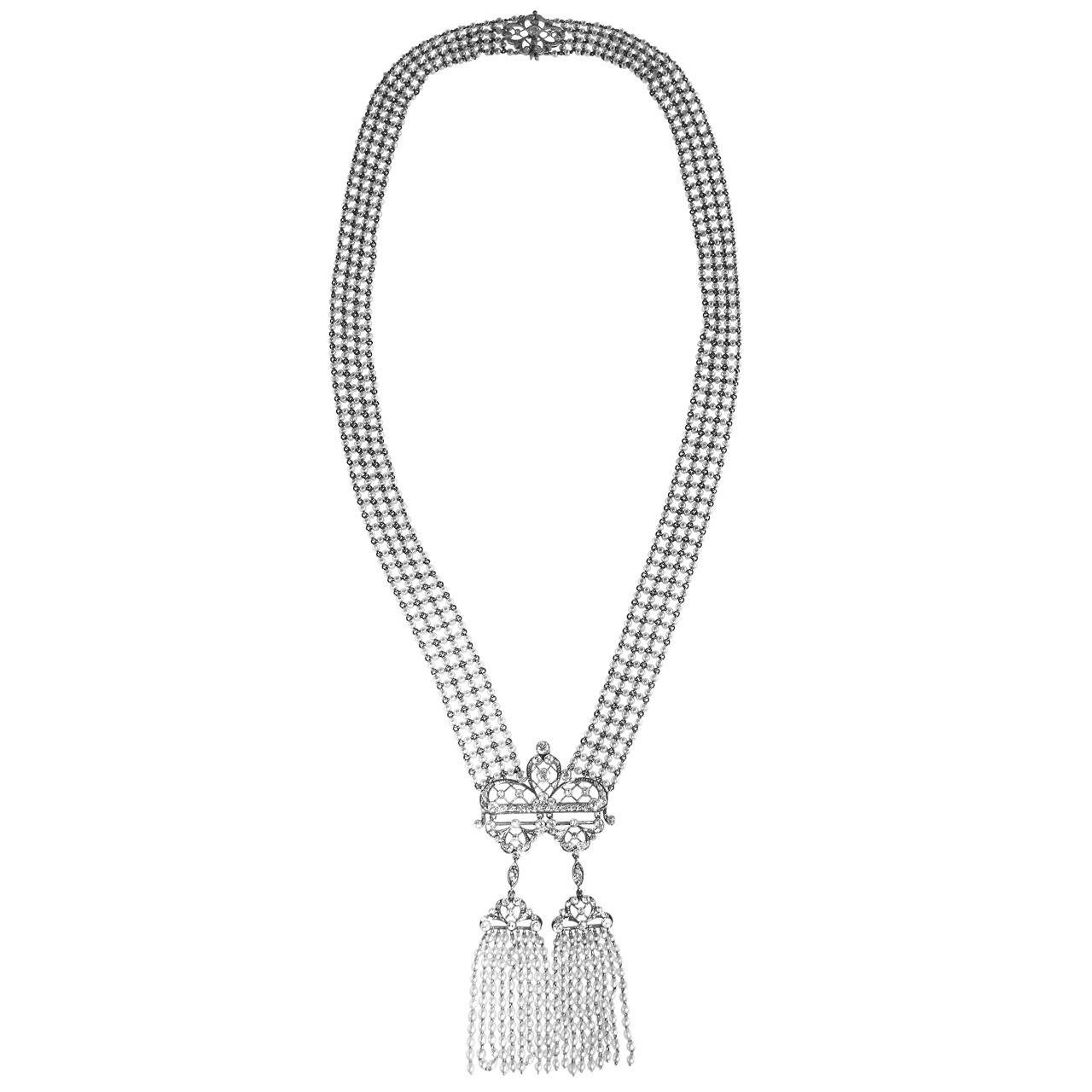 Edwardian Seed Pearl Diamond Platinum Sautoir Necklace