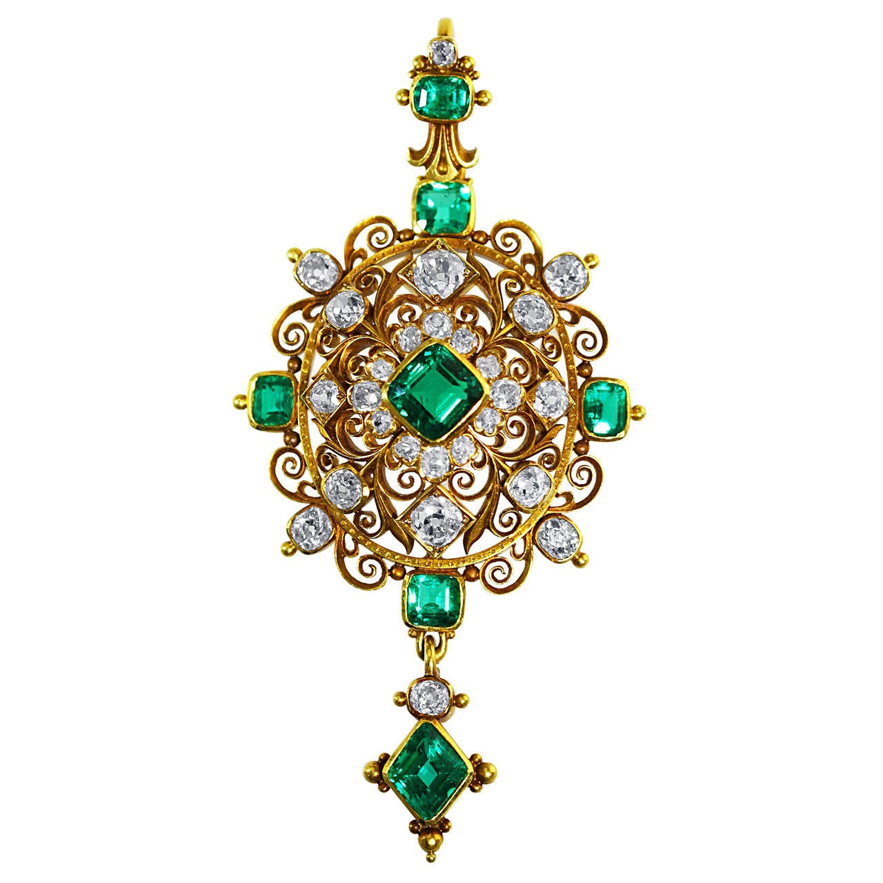 Exceptional Victorian Emerald Diamond Gold Pendant For Sale