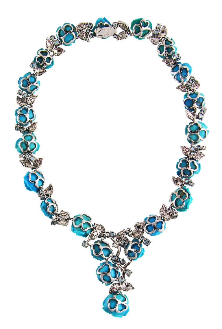 Michele della Valle Turquoise, Diamond and Aquamarine Necklace In Excellent Condition In Atlanta, GA