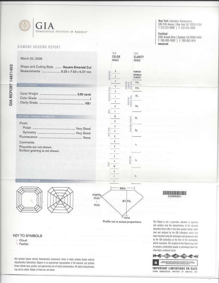 GIA certified 3.00 ct Asscher, I color, VS1 clarity. Platinum Diamond Setting. 2