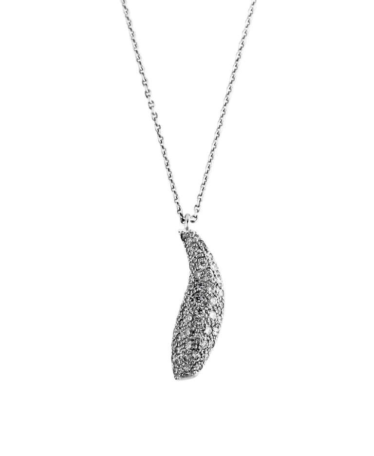 18 karat white gold and diamond pendant by Frank Gehry for Tiffany & Co. Pendant-Necklace, the pendant of abstract design pave-set with 52 round diamonds weighing approximately 0.75 carat, completed by an 18 karat white gold chain, length of