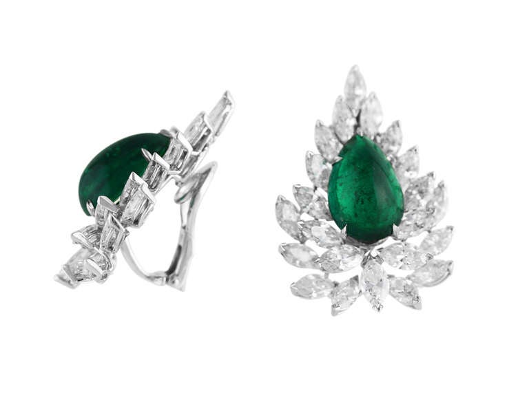 Cabochon Emerald and Diamond Earclips In Good Condition In Atlanta, GA