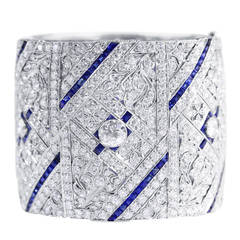 Art Deco Sapphire Diamond Platinum Floral and Geometric Design Bracelet