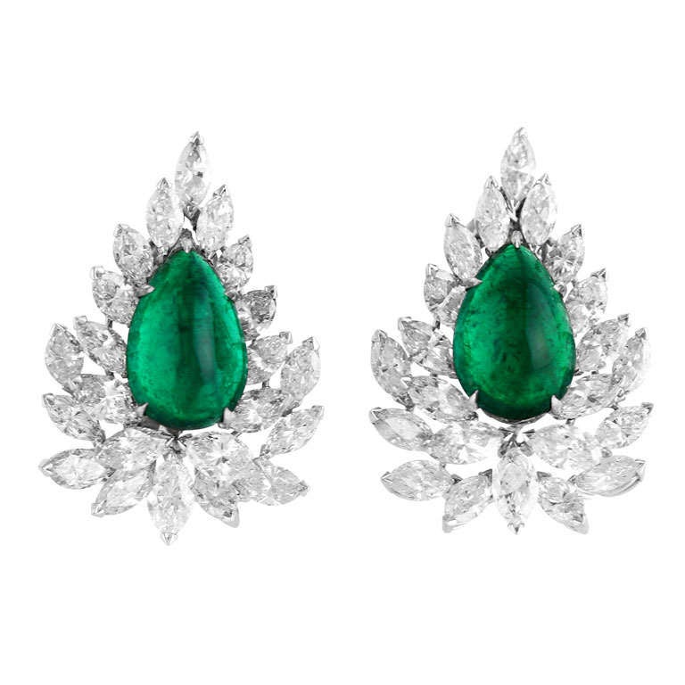 Cabochon Emerald and Diamond Earclips