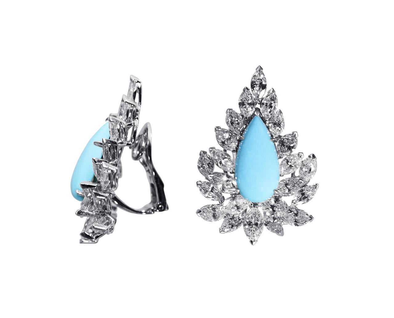 Cabochon Turquoise Diamond Platinum Ear Clips at 1stdibs