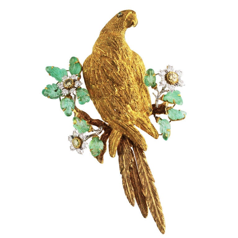 Buccellati Emerald, Diamond and Gold Bird Brooch