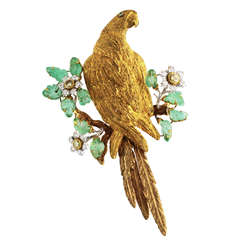 Retro Buccellati Emerald, Diamond and Gold Bird Brooch