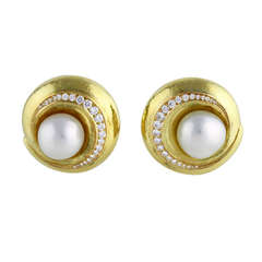 De Vroomen Cultured Pearl, Diamond and Gold Earclips