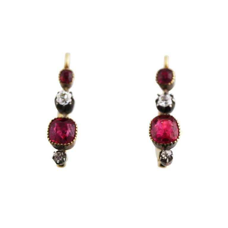 Late 19th Century Burmese Ruby, Diamond and Silver-Topped Gold Earrings